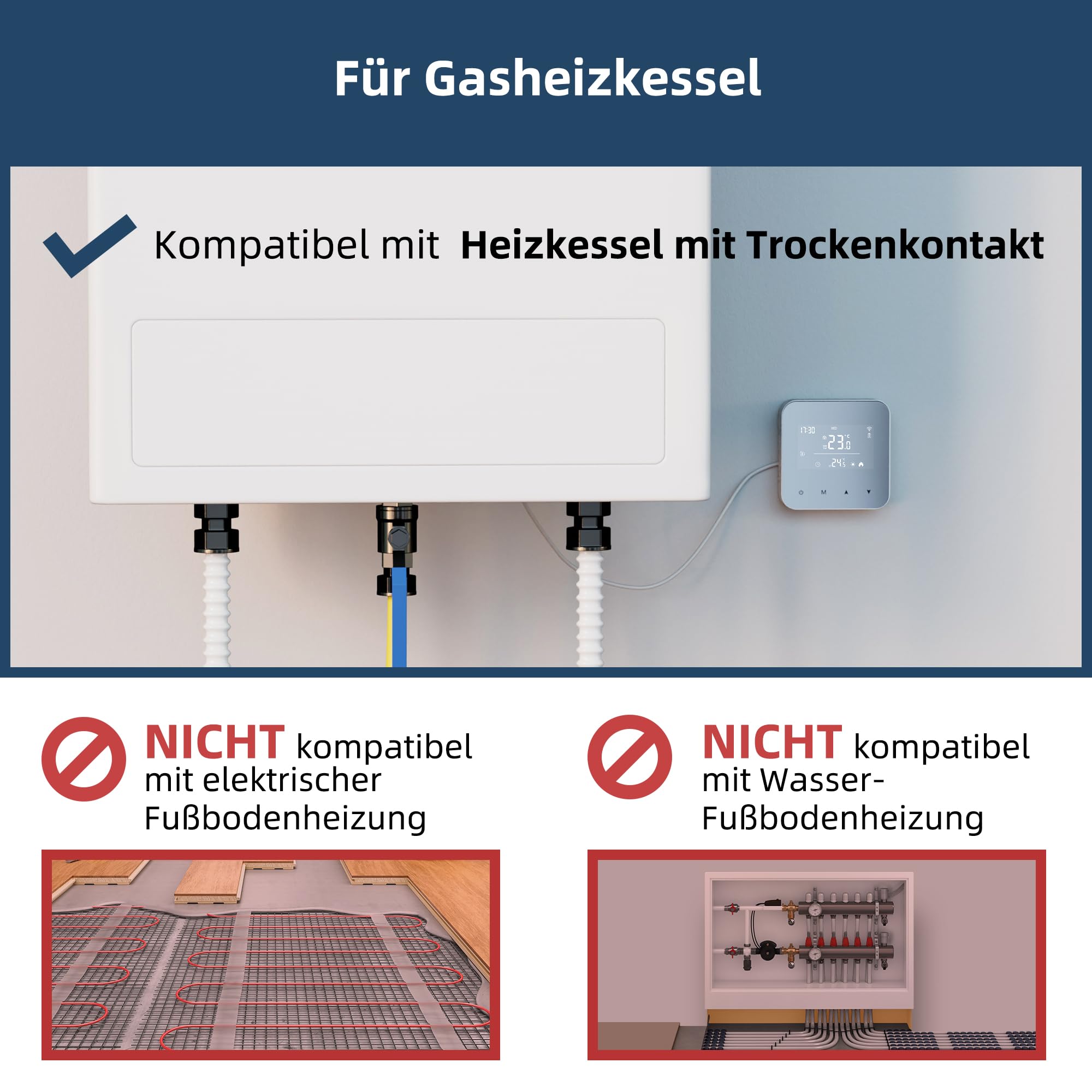 Beok WiFi Thermostat Für Gaskessel, Tuya Smart Raumthermostat Thermostate Heizung Digital LCD-Anzeige Kompatibel mit Alexa Google Assistant, Batteriebetrieben, Aufputz BOT-R8W-WIFI Weiß