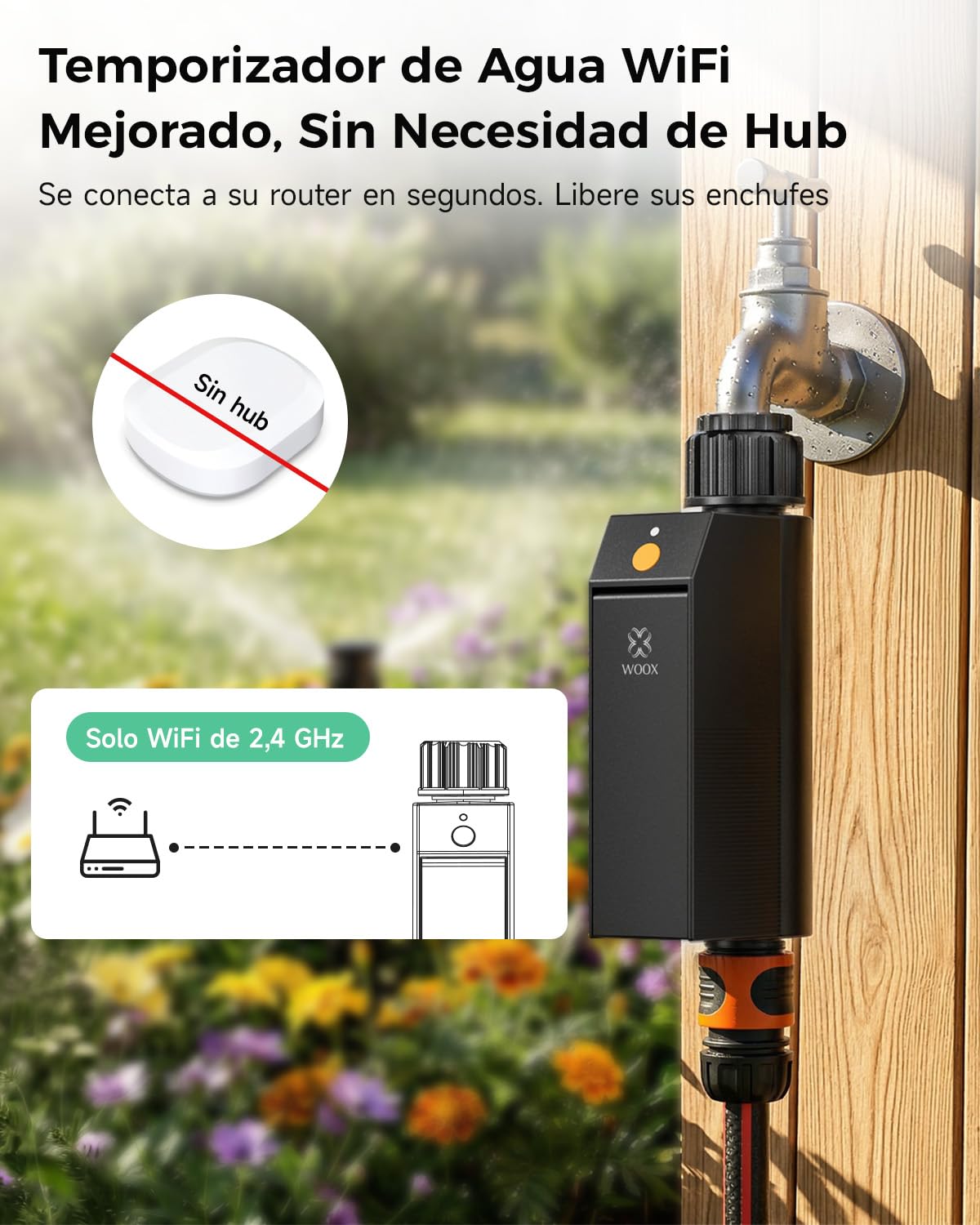WOOX Programador de Riego WiFi Inteligente, Sin Hub Requerido 2,4GHz Controlador de Riego, App/Control por Voz, IP65 Impermeable Temporizador de Riego Automático con Retraso por Lluvia & Riego Manual