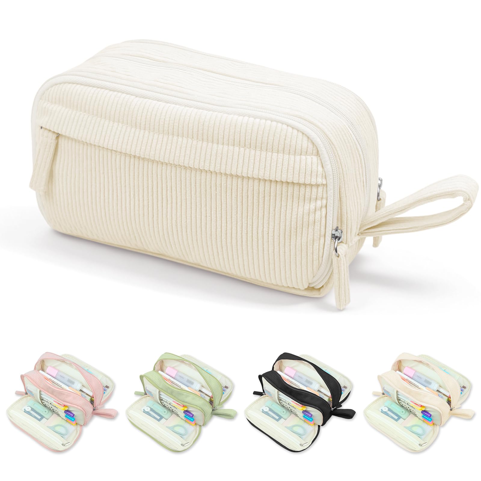 Boziee Corduroy Pencil Case for Girls & Teens, Large Capacity School Pencil Bag with 3 Compartments, Stationery Pouch for School & Office (Beige)