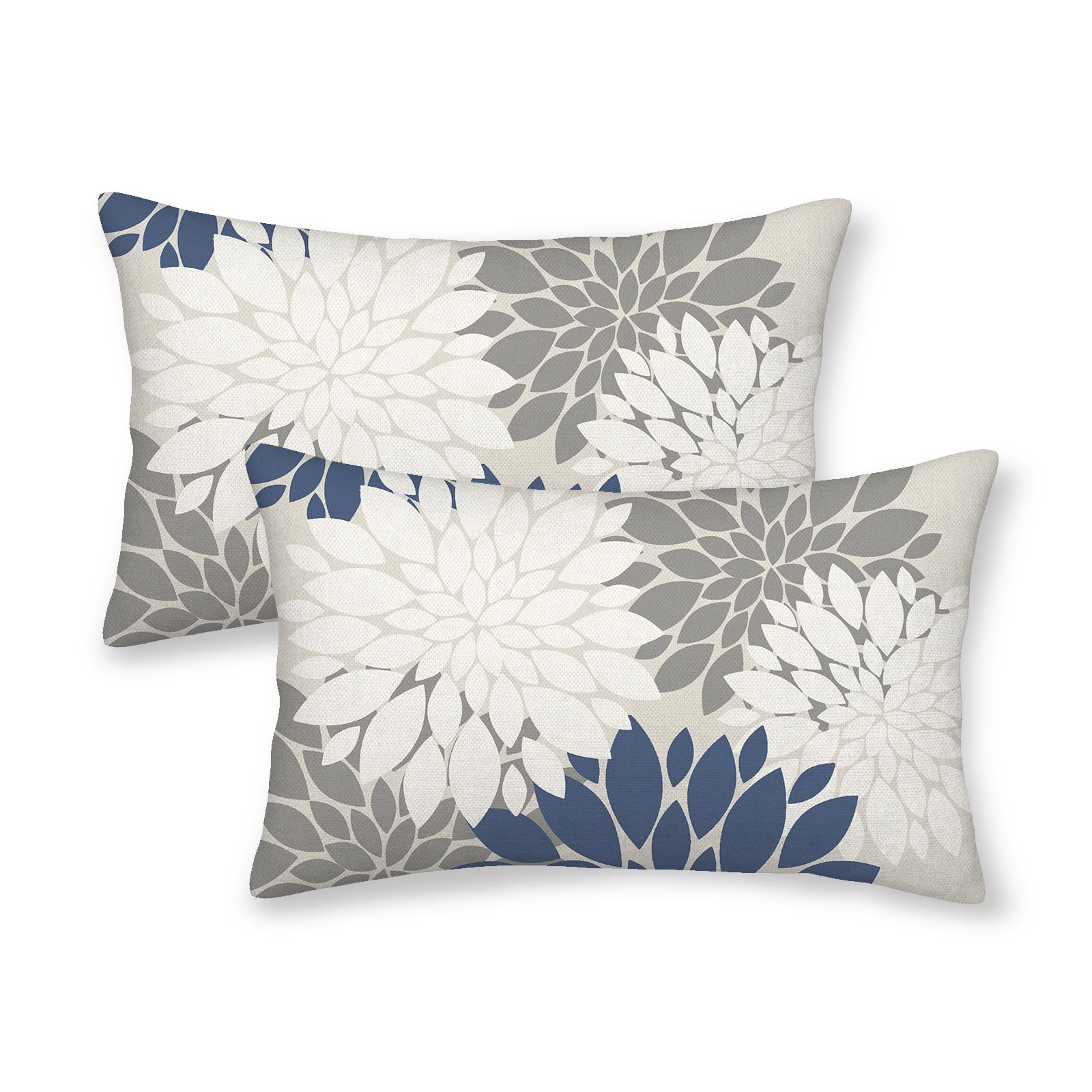CXMEIFLY Navy Blue White Grey Pillow Covers 12x20 Inch Set of 2 Dahlia Floral Decor Throw Pillows Summer Modern Geometry Flower Outdoor Decorative