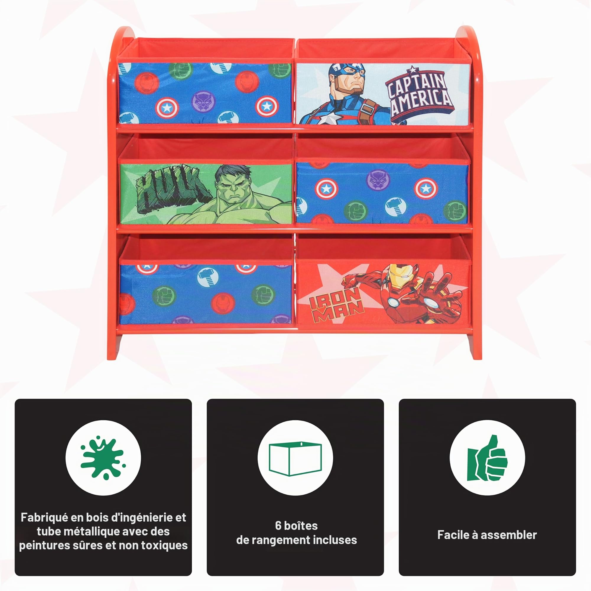 Marvel Avengers Meuble de rangement pour jouets : 6 boîtes de rangement pour chambre à coucher – Fabriqué en bois/tissu/métal – Assemblage et nettoyage faciles
