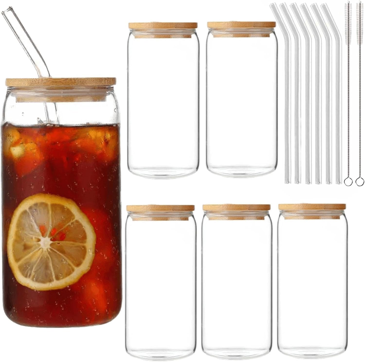 480ml Transparent Can Glass Cups with Wooden Lid and Glass Straw, Reusable Can Shaped Drinking