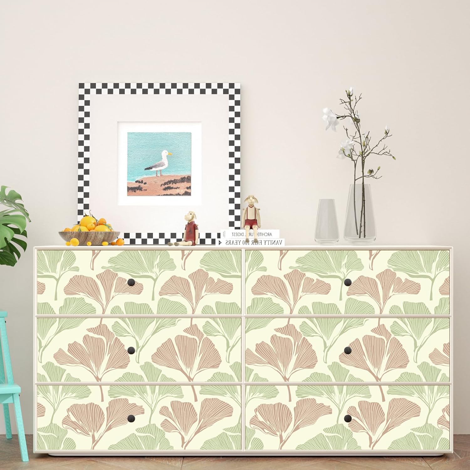 ILHIIOR Beige Floral Peel and Stick Wallpaper Boho Green Leaf Contact Paper Pink Leaf Removable Self Adhesive Waterproof Wall Paper for Cabinet Drawers Wall Decor Renter Friendly 17.5''x118''