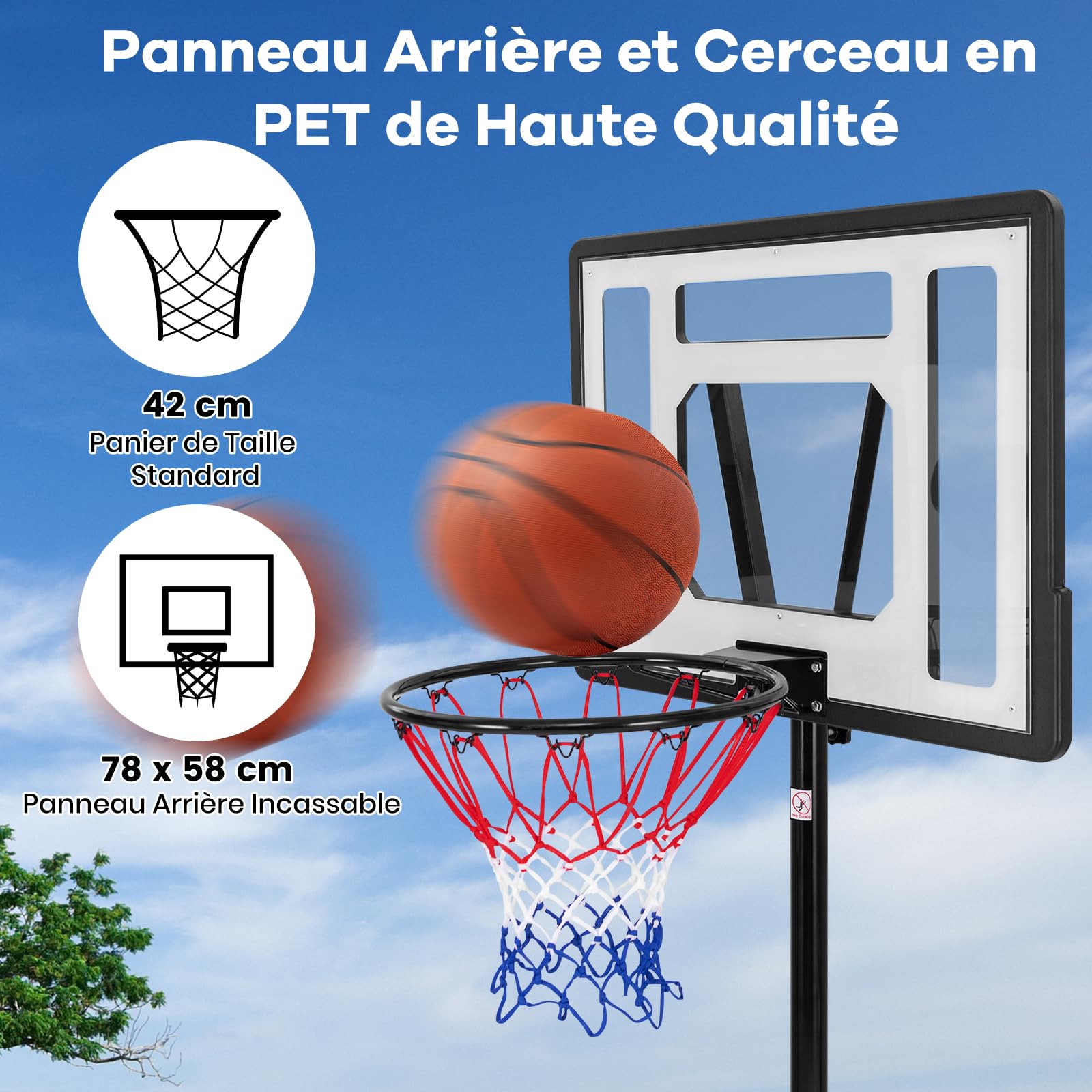 GYMAX Panier de Basket Extérieur, Réglable en Hauteur 172-305cm, avec Panneau Incassable, Base Stable et Remplissable, Roues Intégrées, pour Intérieur et Extérieur, pour Enfants, Adolescents, Adultes