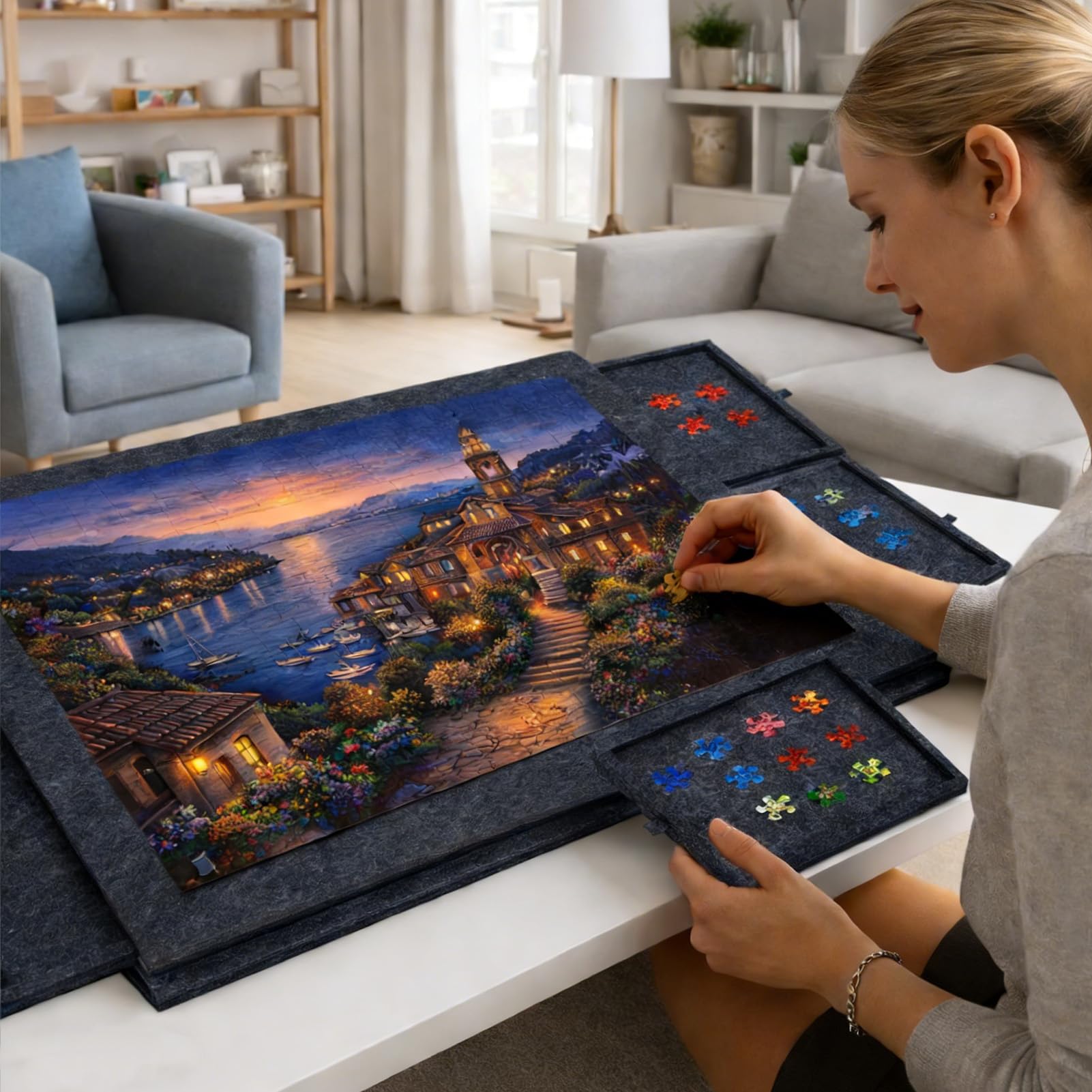 Youyijia Puzzlebrett mit Schubladen & Tragetasche, Neigbare Filz-Puzzleplatte für bis zu 1000 Teile, 2-in-1 Puzzleboard mit Ständer & Abdeckung (Dark Grey)