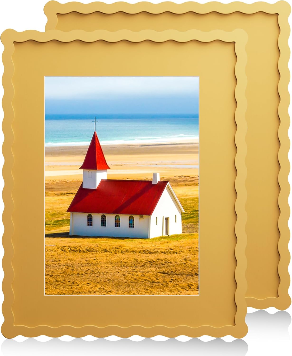 11x14 Wavy Picture Frame With Mat For 8x10, Wavy Edge Wooden Picture Frame with Real Glass - Wall Mount Display, Yellow, 2 Pack