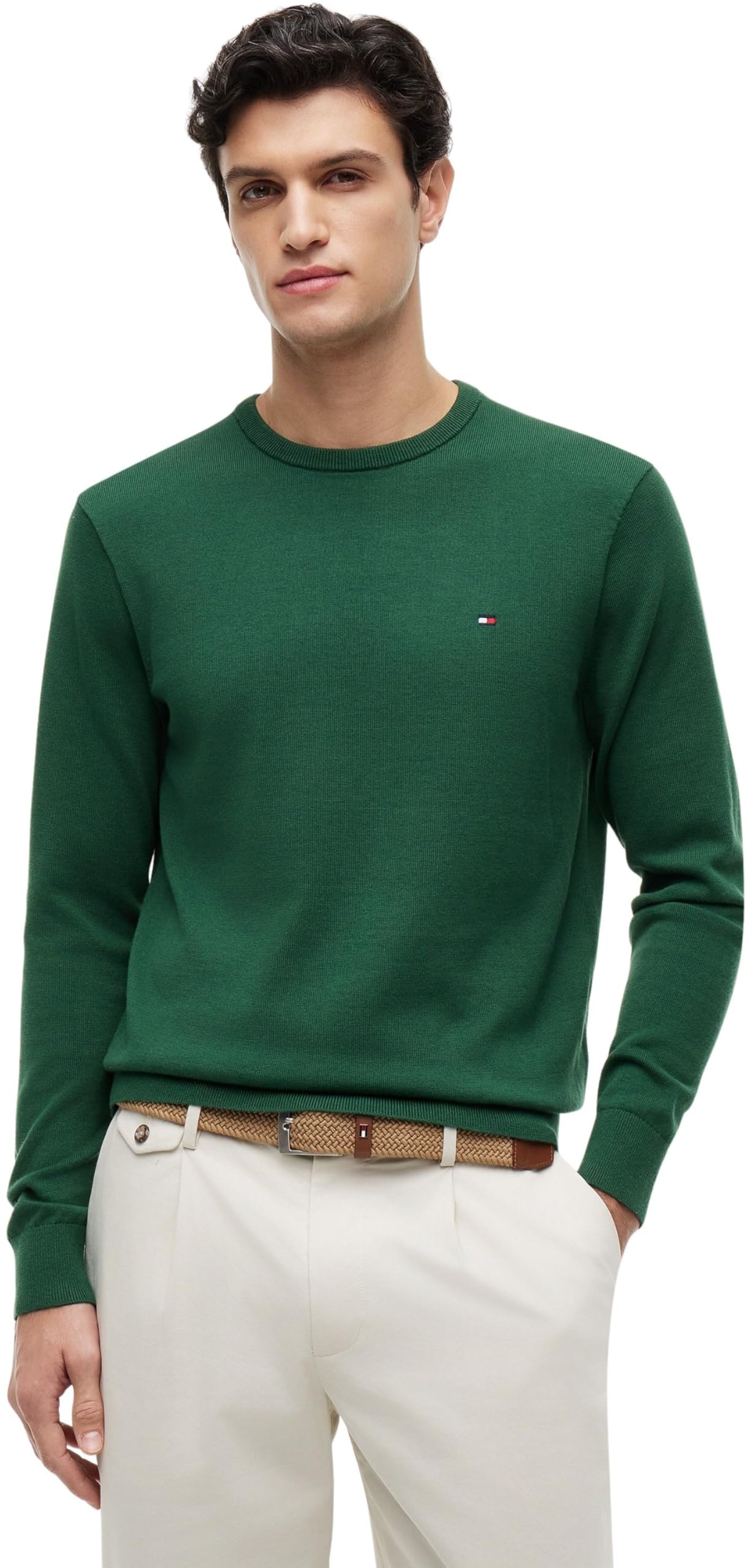 Tommy Hilfiger Men's Essential Ssnl Cotton Crew Neck Mw0Mw39999 Pullover Sweater, Green (Street Green), M