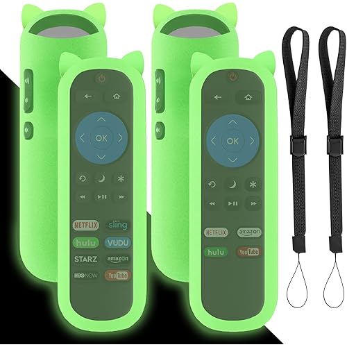 2 Pack Green Glow Protective Case for TCL Roku TV RC280/RC282 Remote, Shock Proof Silicone Universal Controller Cover, Cute Cat Ear Shape, with Wrist Strap Anti-Lost