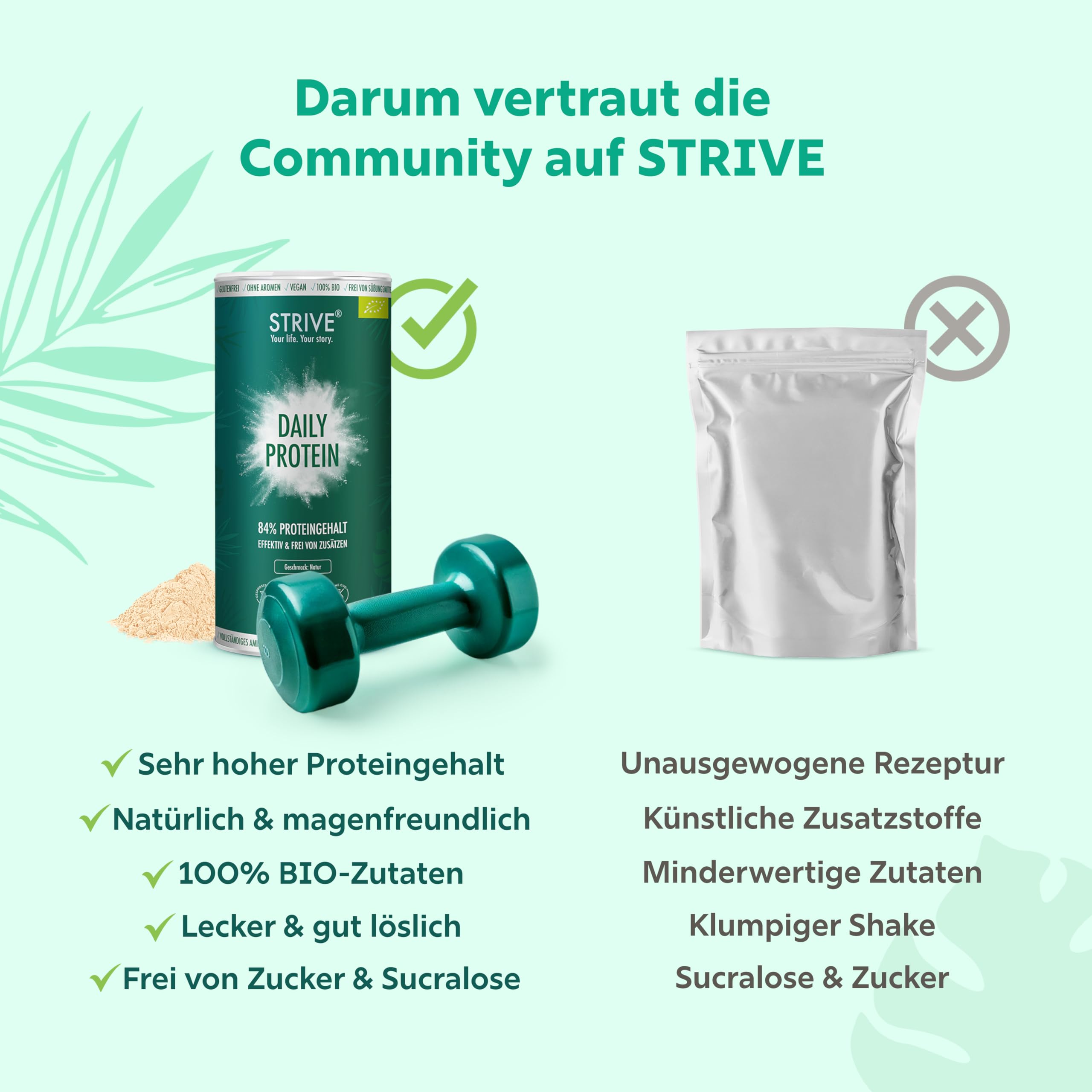 DAILY PROTEIN 100% BIO Vegan | Natur | Effektiv & Frei von Zusätzen | 84% Proteingehalt mit optimalem Aminosäureprofil | 1000g pflanzliches Bio Eiweiß Pulver aus Erbse Soja Reis Hanf, DE-ÖKO-039