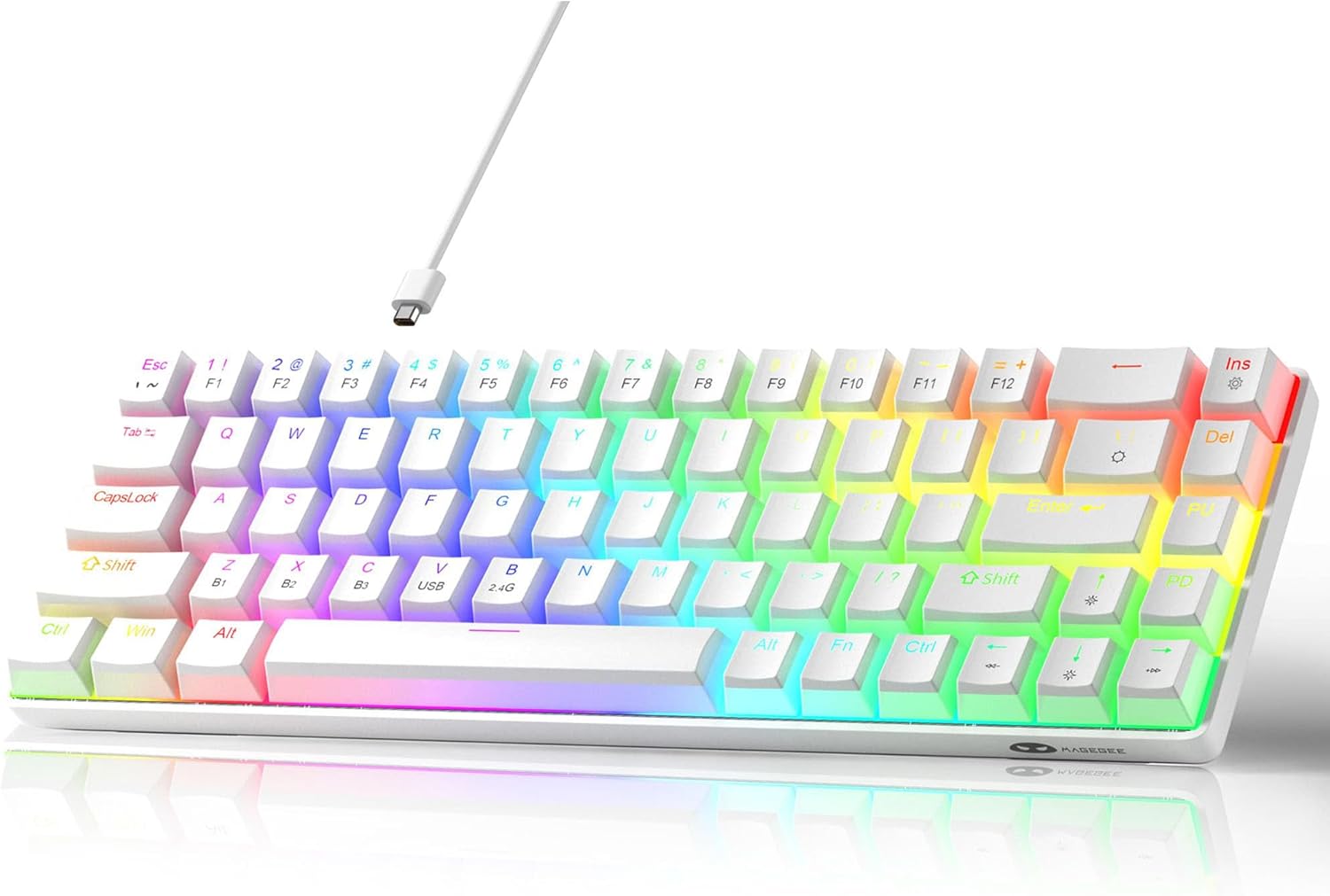 MageGee Portable 60% Mechanical Gaming Keyboard, Red Switch, PBT Pudding Keycaps RGB Backlit Compact 68 Keys Mini Wired Office Keyboard for Windows Laptop PC - White