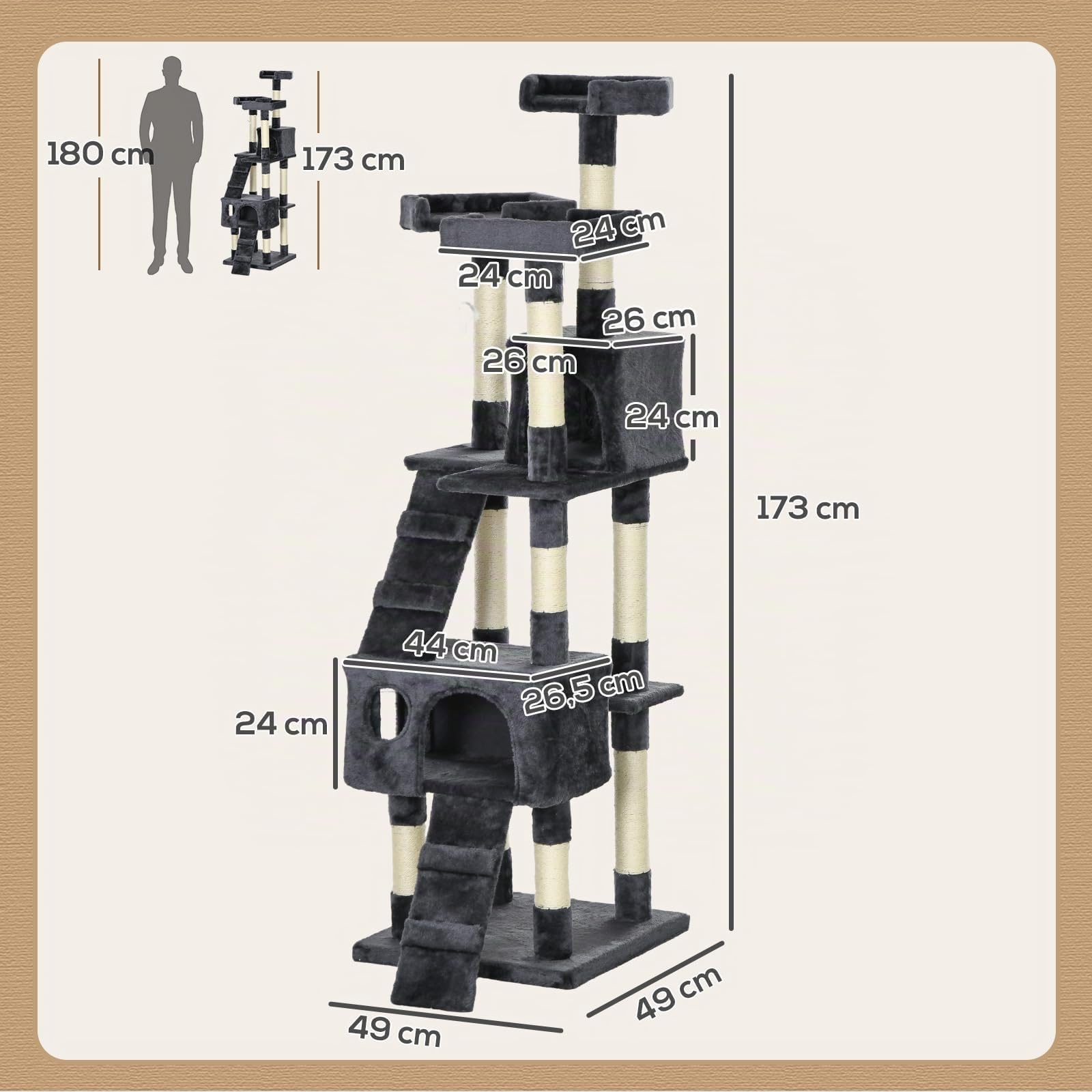 PawHut Árbol Rascador para Gatos Torre Escalador 2 Cuevas 173cm Gris Oscuro | Árbol para Gatos, 3 Camas, 2 Rampas, Postes de Sisal, 2 Ratones Colgantes