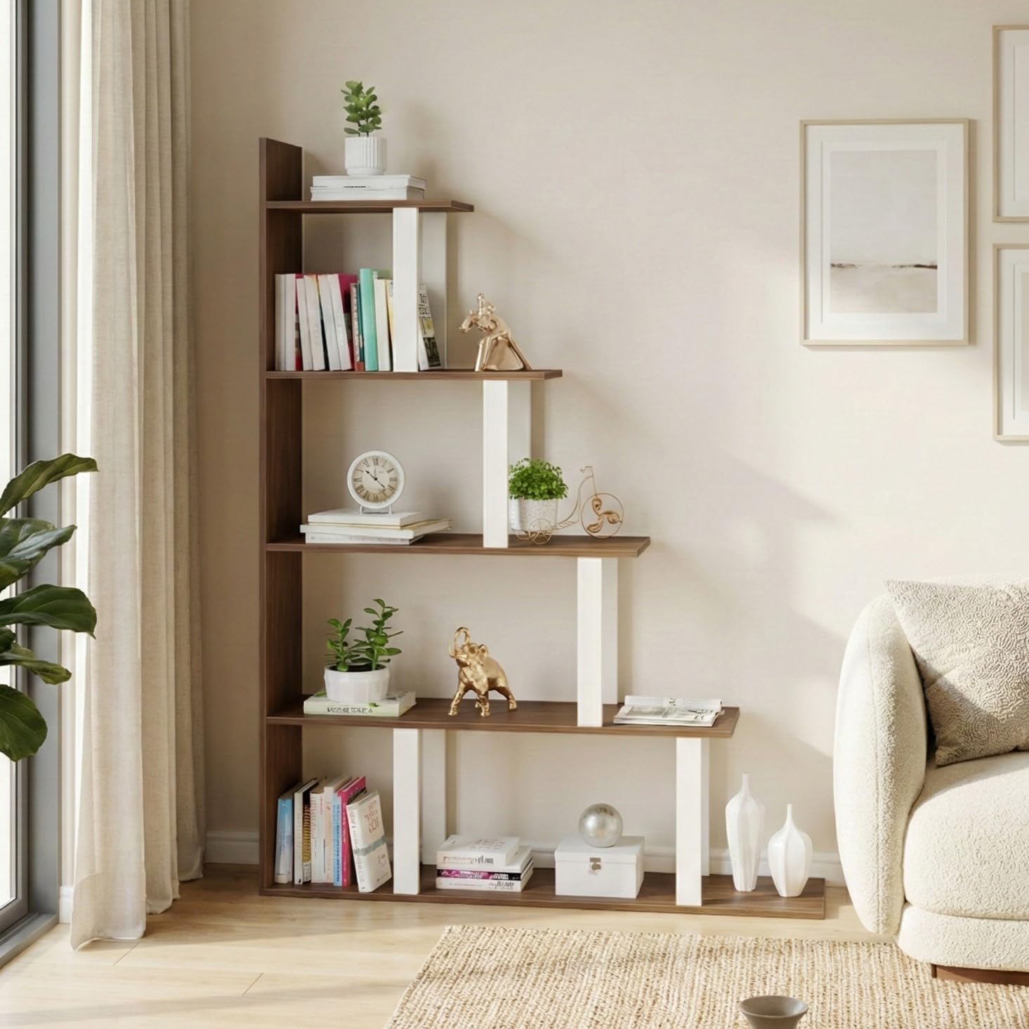 Patryk Ladder Style Bookshelf Cabinet Book Rack Organizer with Shelves for Décor Display, Cabinet Sofa Side Corner Bookcase Floor Standing for Living Room & Home (Wenge & White)-image-41