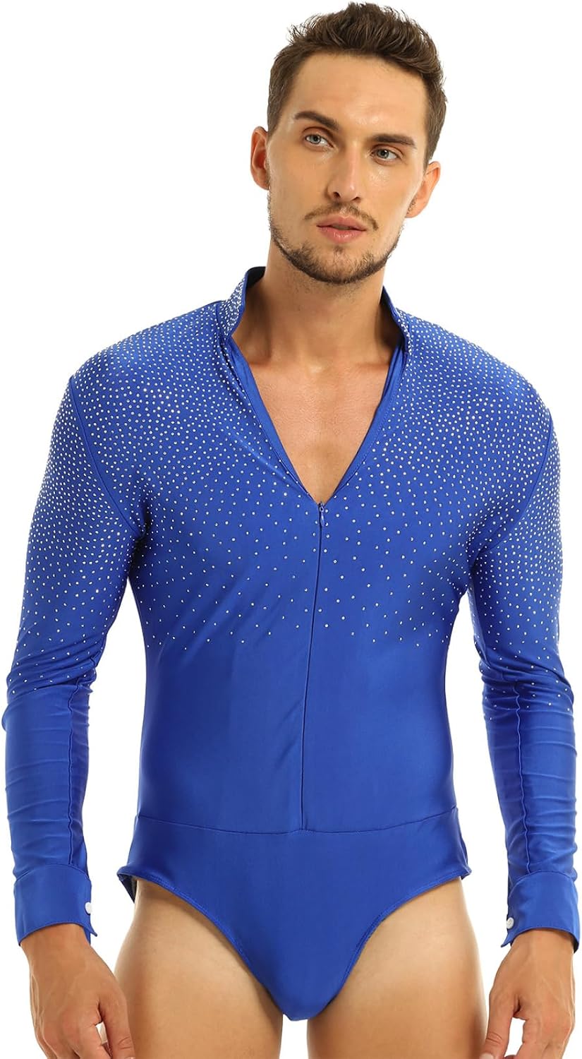 Men's Shiny Rhinestones V-Neck Stand Collar Long Sleeve Ballroom Latin Dance Shirt Top