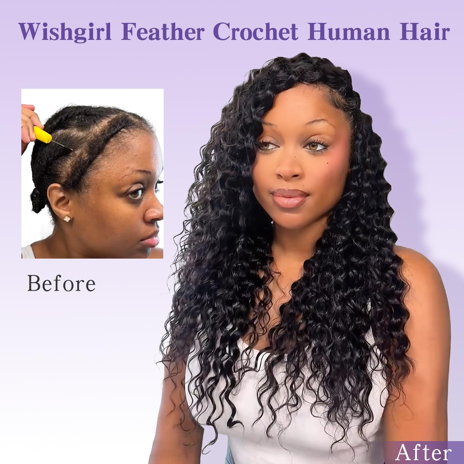 Deep Wave Knotless Pre-Separated Crochet Hair Extensions Human Hair Invisible Curly Crochet Hair for Women Natural Black Machine Made Pre-Separated Feather Human Hair Extension 14inch 120g 100 Strands