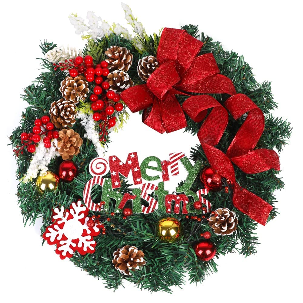Heflashor 17.5'' Xmas Wreath with Red Berries, Pinecone, Bell, Snowflake Winter Wreath for Front Door, Indoor/Outdoor