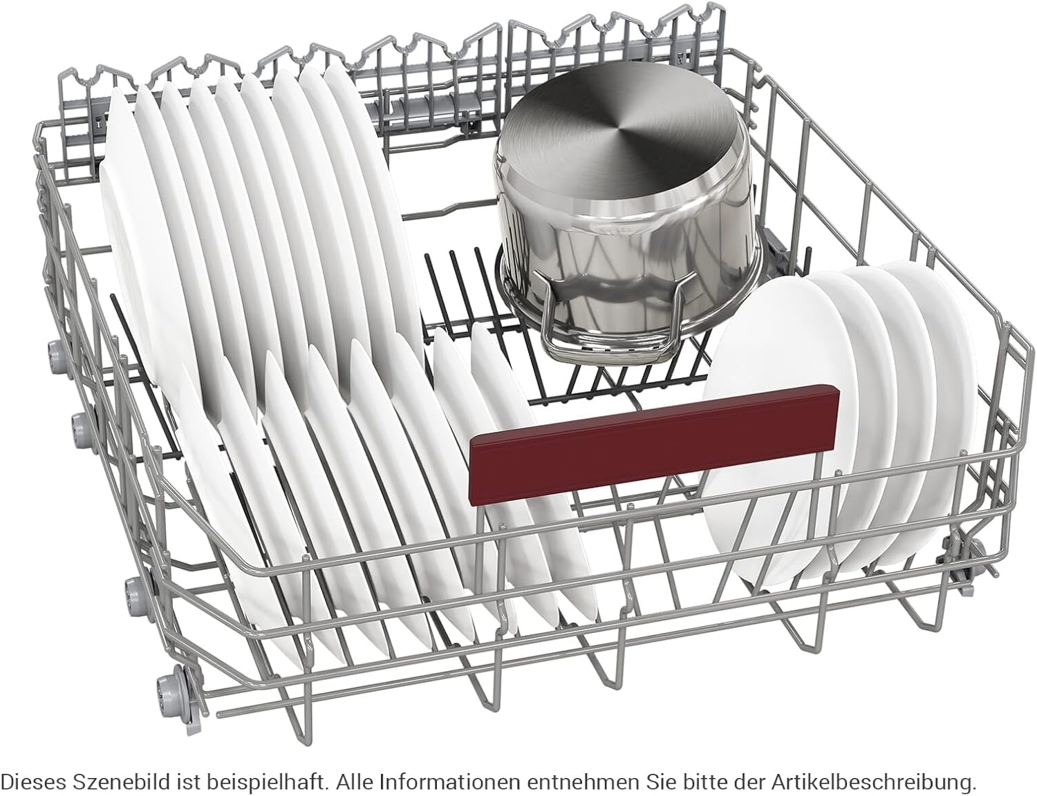 Lower basket of the Neff S155ECX06E dishwasher loaded with plates and a pot.