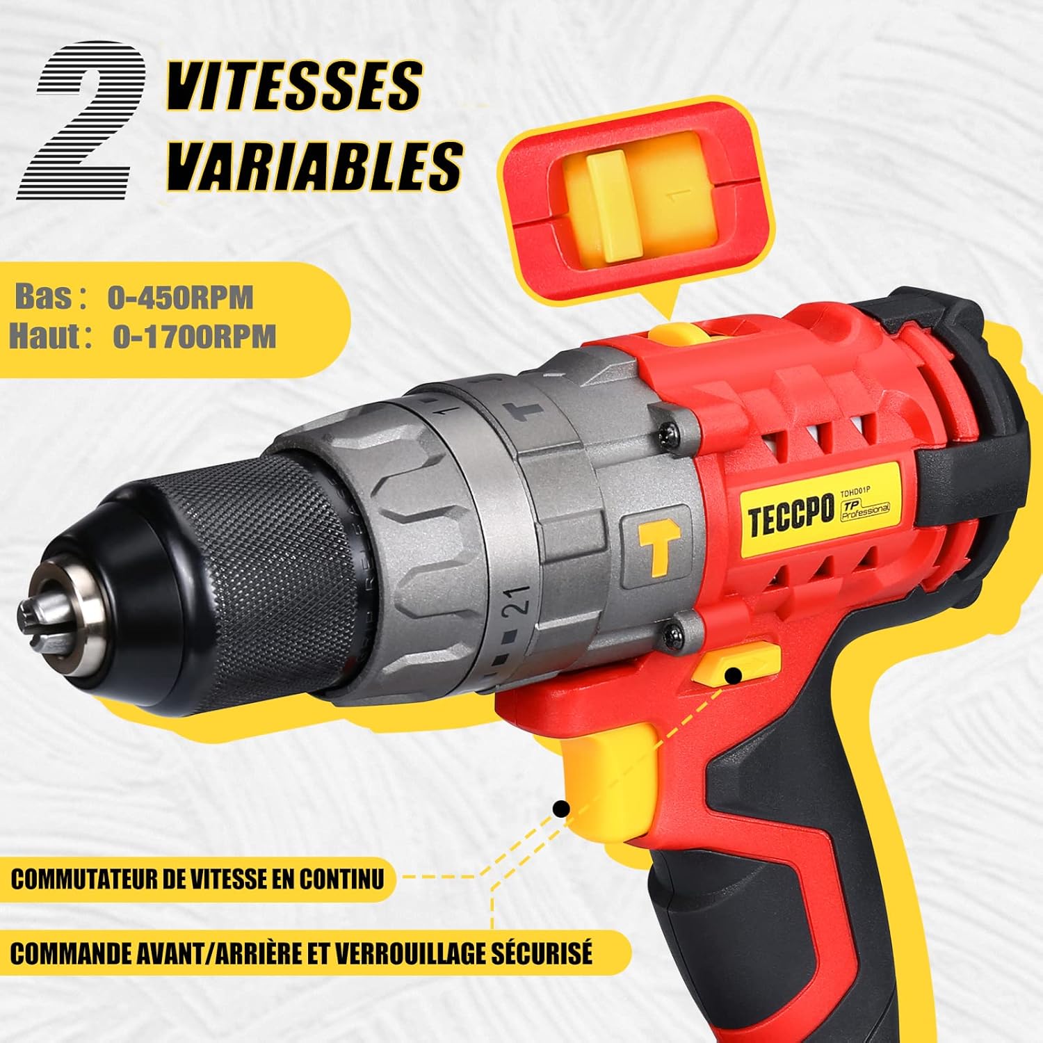TECCPO drill showing two variable speed settings