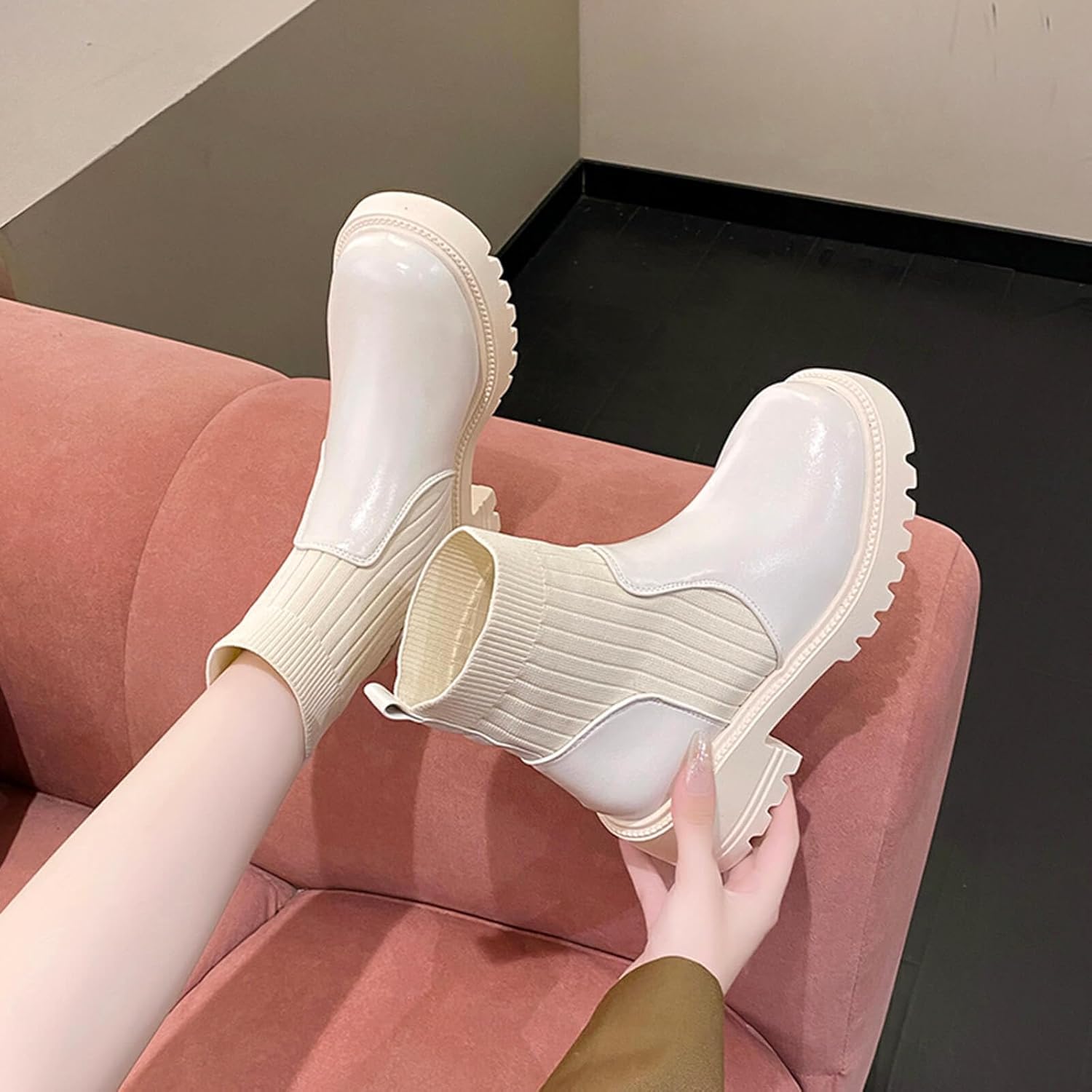 Ladies Winter Ankle Boots with Patchwork Round Toe and Knit Elastic Cuff Low Heel