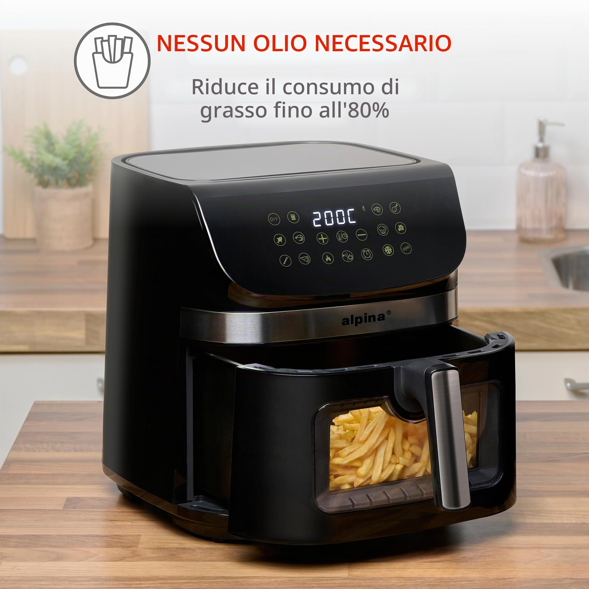 alpina Friggitrice Aria 9L - Friggitrice ad Aria XXL - Air Fryer con Display Digitale - Airfryer con Timer e Temperatura da 60 a 200℃ - con 8 Programmi di Cottura e Finestra di Visualizzazione - Nero
