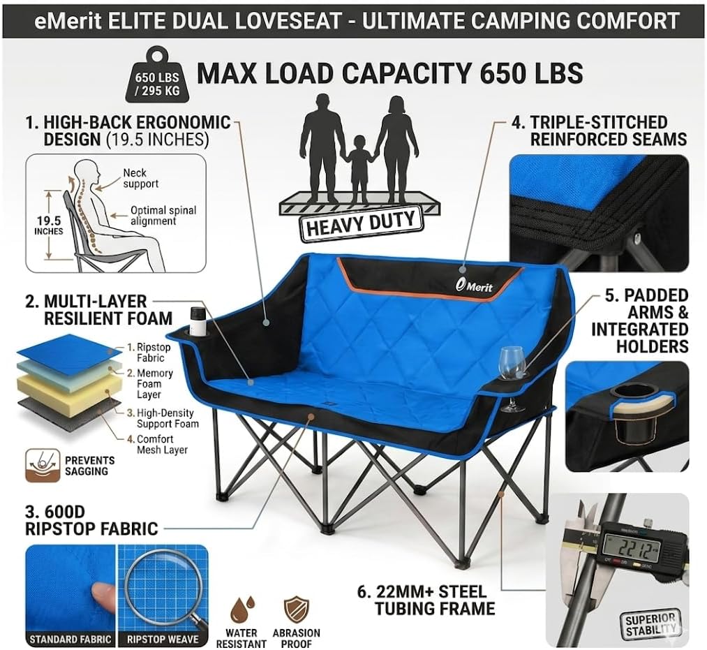EMERIT Double Camping Chair Oversized Padded for Adults, Heavy Duty Folding Loveseat for Outdoor, Camping, Beach, Lawn, Concert 650LB