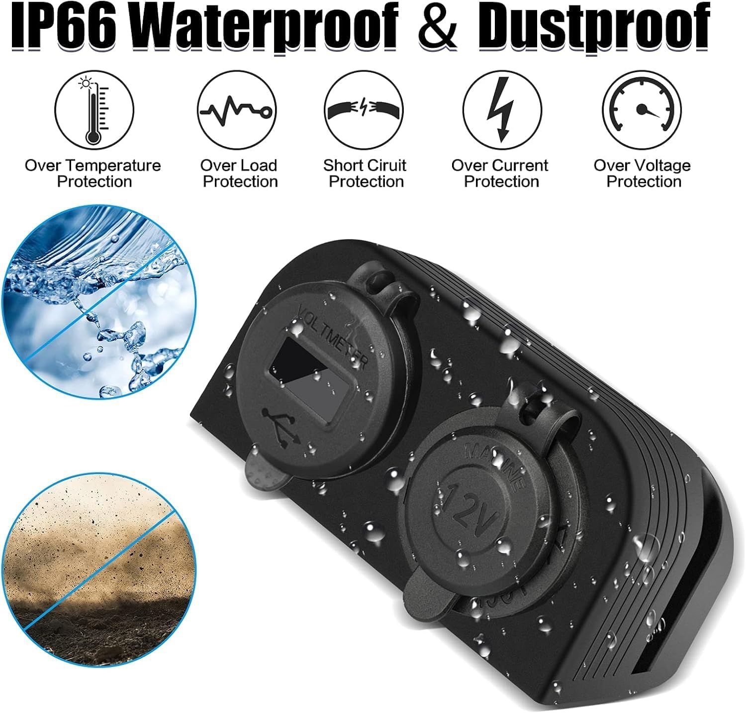 [Upgraded] Tent Type Panel 12V USB Outlet, Quick Charge PD3.0& Dual USB 3.0 Car Charger with LED Voltmeter & Switch+12V/24V Cigarette Lighter Socket for Car Motorcycle Boat Marine ATV RV