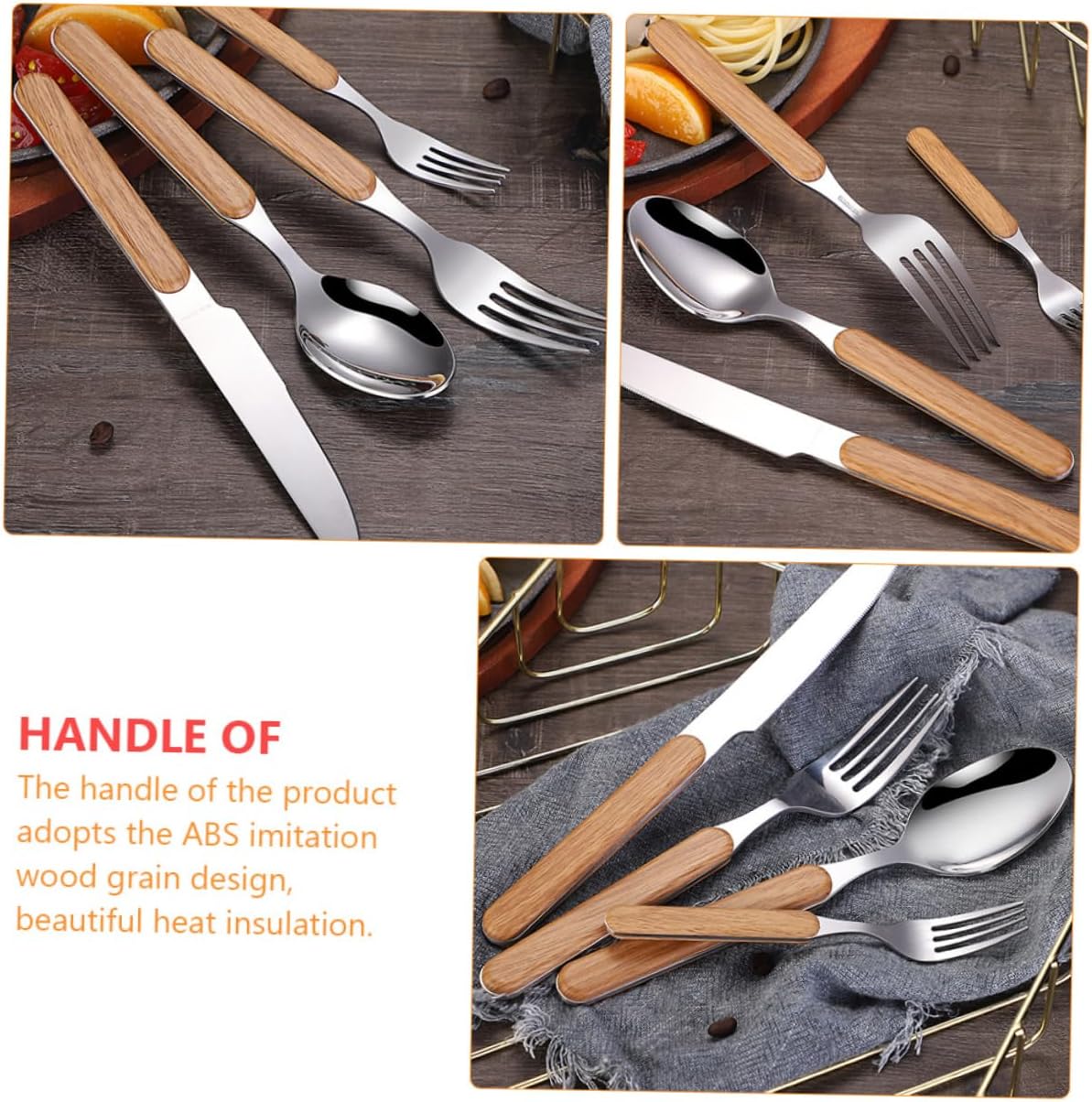 Retro Flatware Gift Set 4 Pcs Wood Grain Handle Stainless Steel Xmas