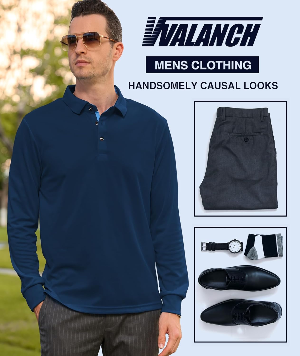 V VALANCH 3 Pack Mens Long Sleeve Polo Shirts Moisture Wicking Golf Polos Business Casual Collared Shirts