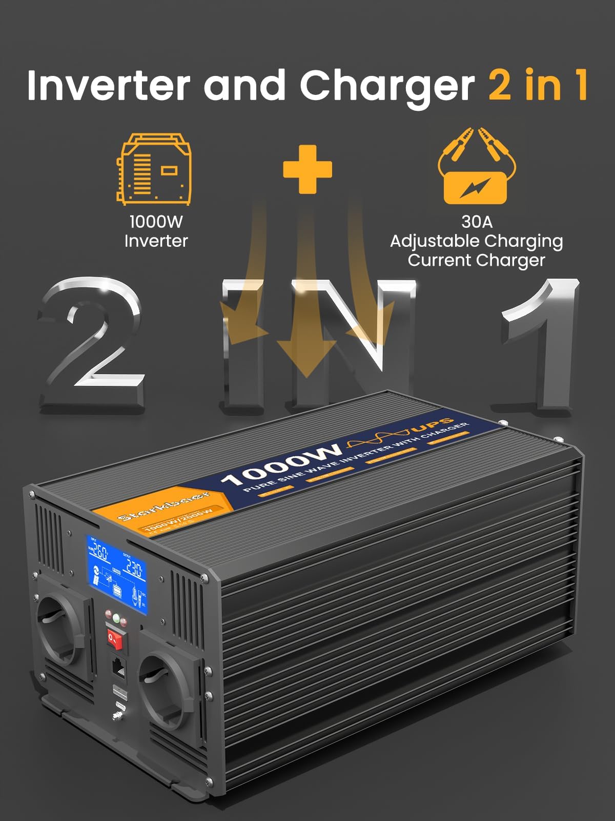 Inverter Puro Sinusoidale 1000W UPS 12V/220V con Caricabatterie 30A, 2 Prese EU, Telecomando 5M, LCD Display - Sicurezza Integrata per Emergenze Domestiche (1000W12V)