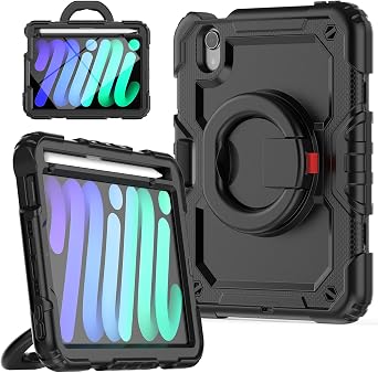 Heavy Duty Shockproof Case for iPad mini 6, 3-Layer Hybrid Full-Body Shockproof Case for iPad mini 6th Generation, 8.3-inch, W 360 Rotatable Handle Bracket + Shoulder Strap,Black