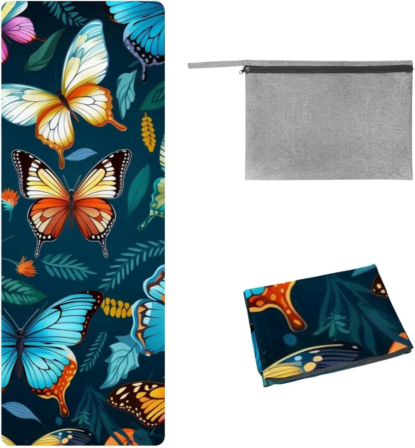 Yoga Towel, Flower Butterfly Pattern Non Slip Sweat Absorbent Hot Yoga Mat Towel for Hot Yoga, Pilates and Fitness - 72.8" x 26.8"