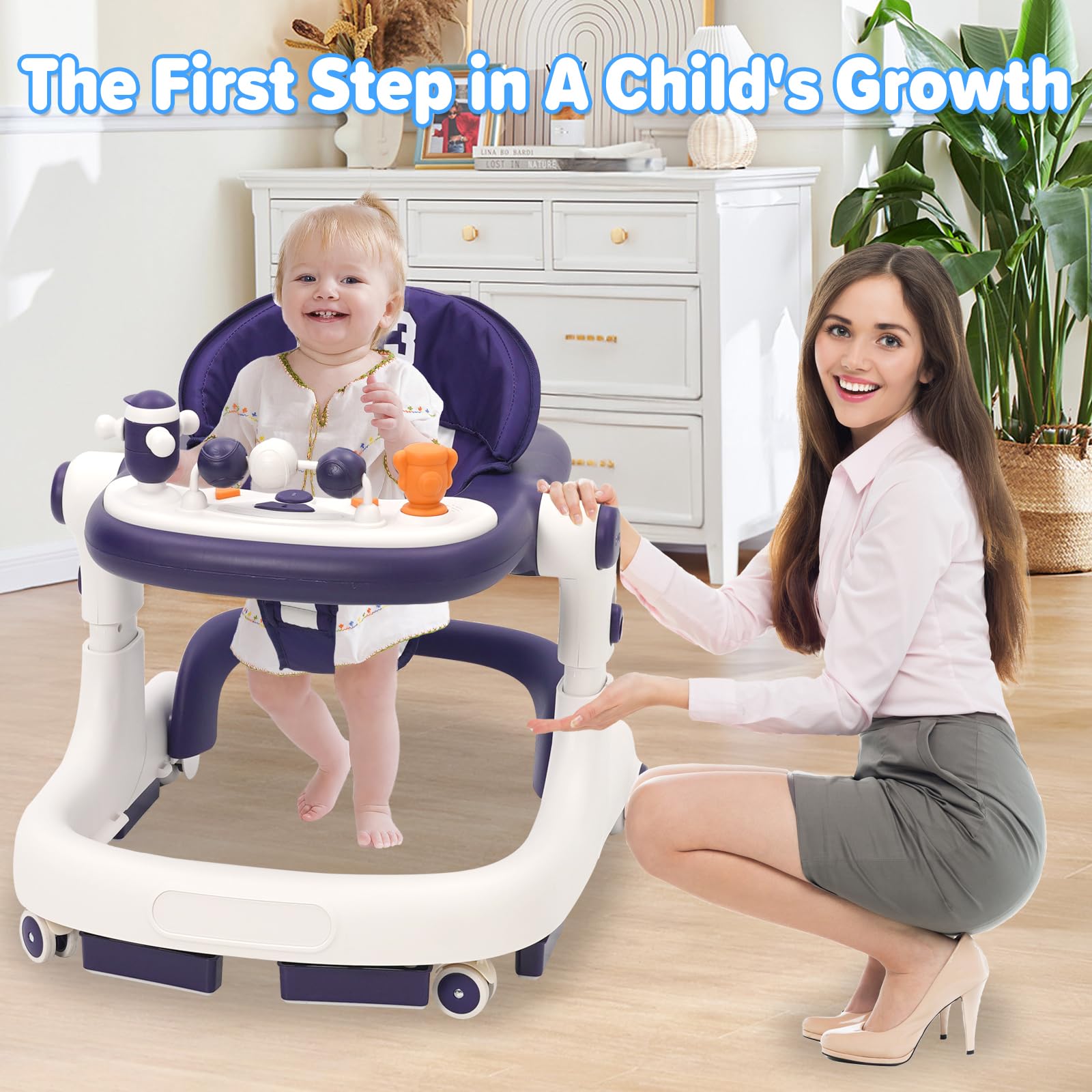 Trotteur Bébé 3 en1, Babywalker avec Hauteur Réglable, Trotteur Bébé Garçon Fille Évolutif avec Musique & Lumière, Centre d'Activités pour 6-18 Mois (gris) (Bleu)