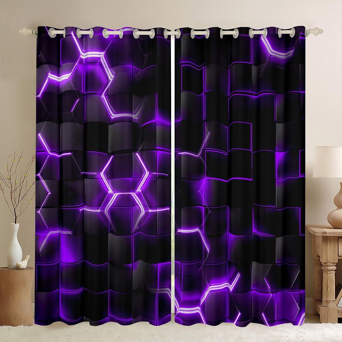 Feelyou Purple and Black Darkening Drapes (2 Panels, 38 x 54 Inch) Honeycomb Curtains Living Room Hexagon Theme Blackout Curtains Geometrical Beehive Window Treatments