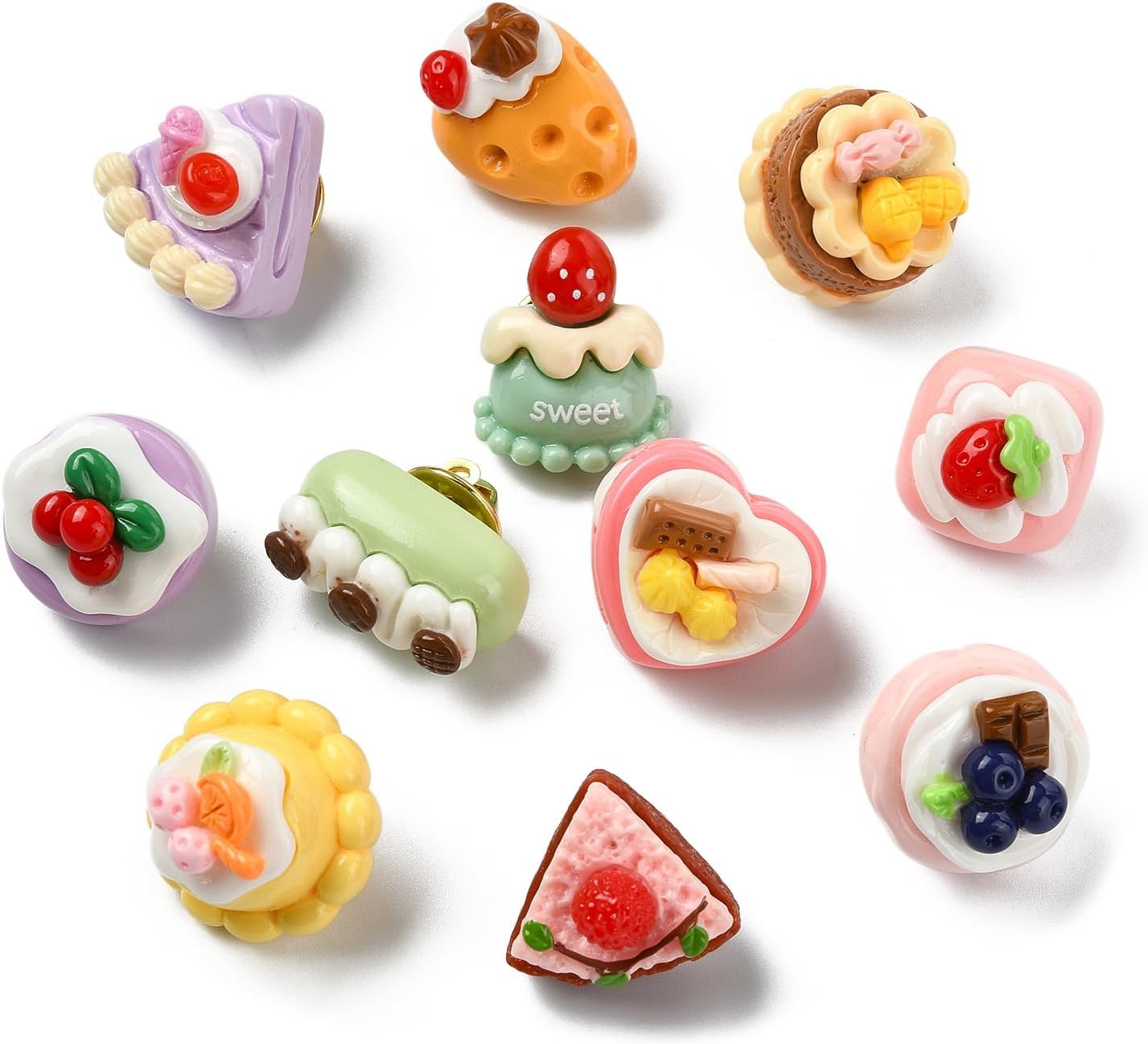 12 Pcs 12 Styles Resin Fruit Cake Pin Badges Dessert Food Brooch Lapel Pins for Backpacks Clothes Shawl Hat Dress DIY Crafts