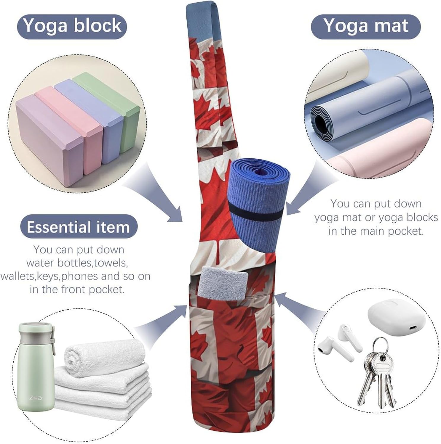 Canvas Yoga Bag,Canadian Flag Printed Yoga Mat Handbag,Portable Yoga Mat Bag Large Capacity Gym Bag for Men Women Pilates Beach Travel
