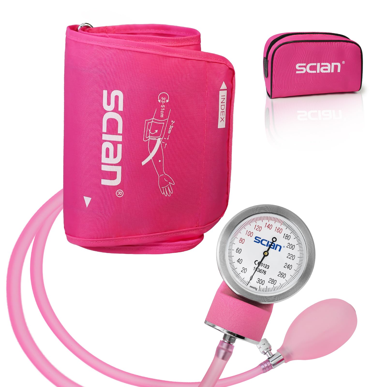 SCIAN Tensiómetro manual con brazalete grande (33-51 cm) y anillo D, incluyendo bolsa de transporte para enfermeras, médicos, personas mayores y adultos(rosa)