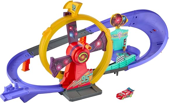 Mattel Disney and Pixar Cars Toy Track Set with Light-Up Lightning McQueen, Race to Celebrate Celebration Raceway Playset with Loop & Wind-Up Kicker, JMT57