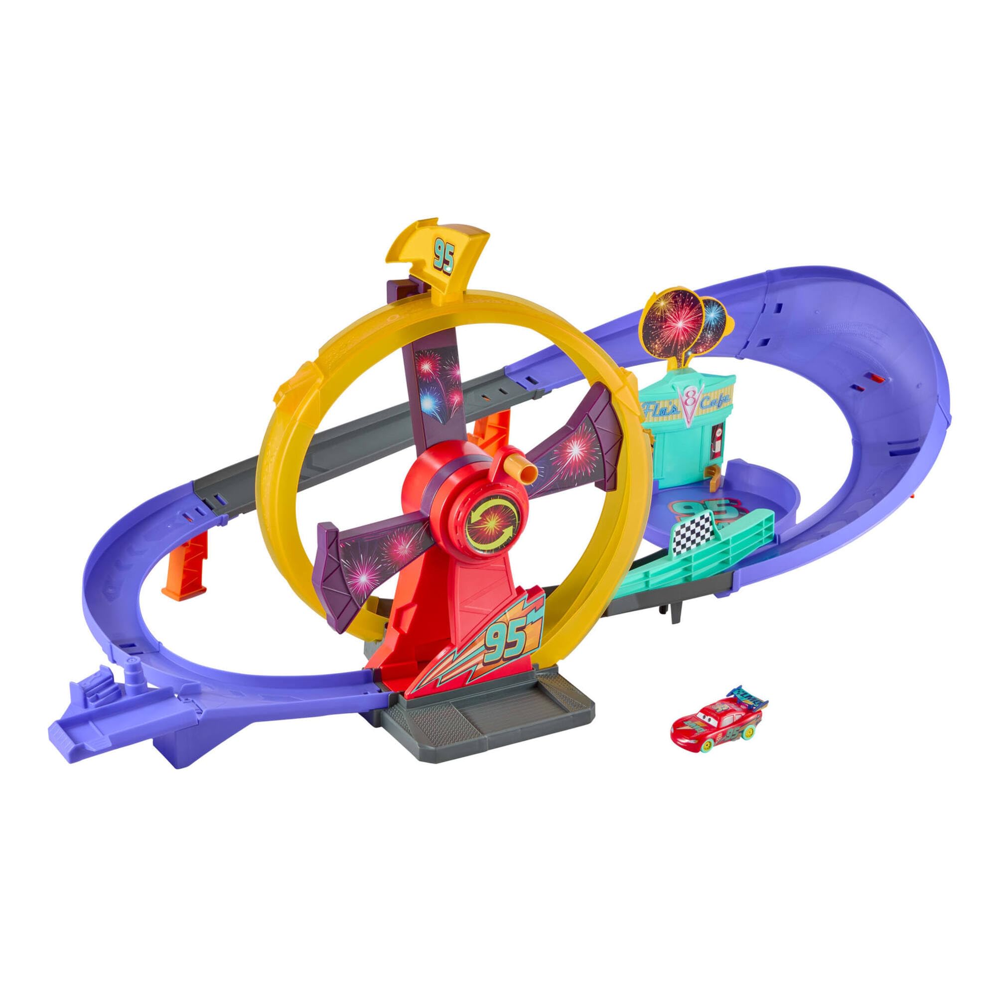 Mattel Disney and Pixar Cars Toy Track Set with Light-Up Lightning McQueen, Race to Celebrate Celebration Raceway Playset with Loop & Wind-Up Kicker, JMT57