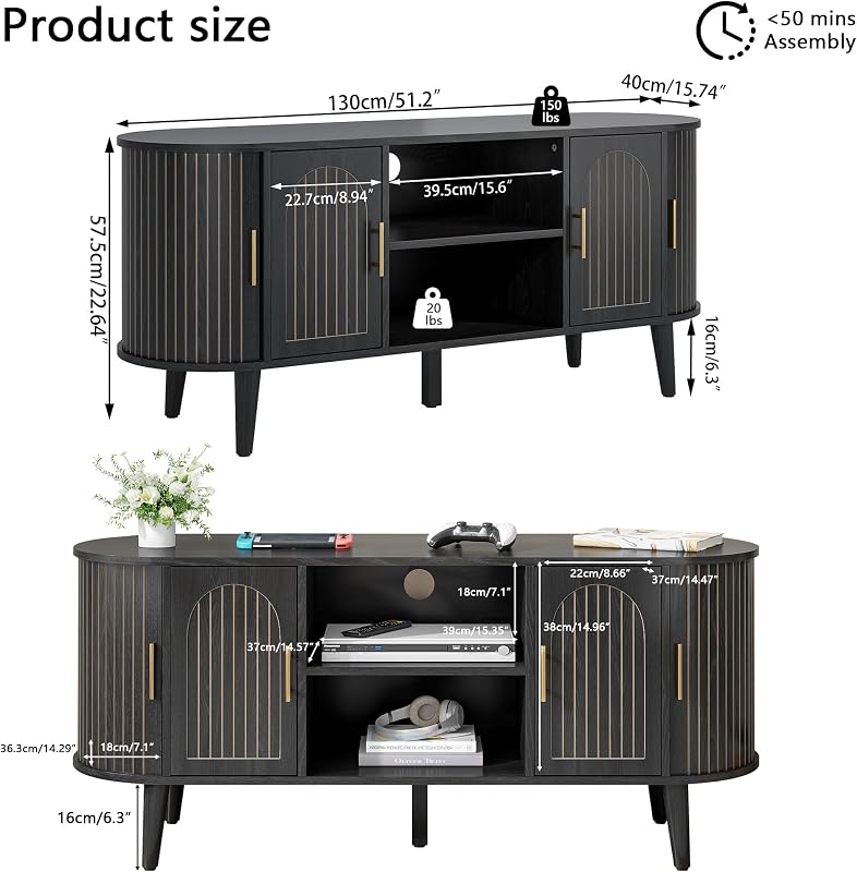 51"Fluted TV Stand for Tvs up to 60" Entertainment Center with Open Storage image 2