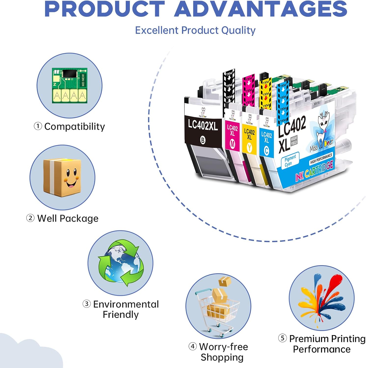Miss Deer LC402XL Ink Cartridges for Brother LC402XL LC402 Ink High Yield, Work for Brother MFC-J5340DW MFC-J6540DW MFC-J6940DW Printer (Black,Cyan,Magenta,Yellow) 4 Pack