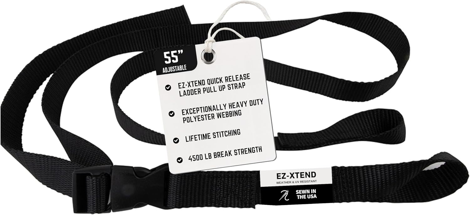 EZ-Xtend Pontoon Ladder Pull Up Strap Using Quick Release Buckle System - Made with Heavy Duty 4500 LB Breaking Strength 1" Black Polyester Webbing, 250 LB Quick Release Buckle, and Lifetime Thread