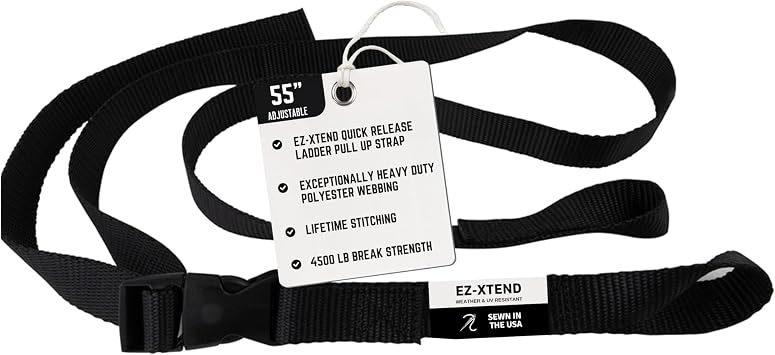 EZ-Xtend Pontoon Ladder Pull Up Strap Using Quick Release Buckle System - Made with Heavy Duty 4500 LB Breaking Strength 1" Black Polyester Webbing, 250 LB Quick Release Buckle, and Lifetime Thread