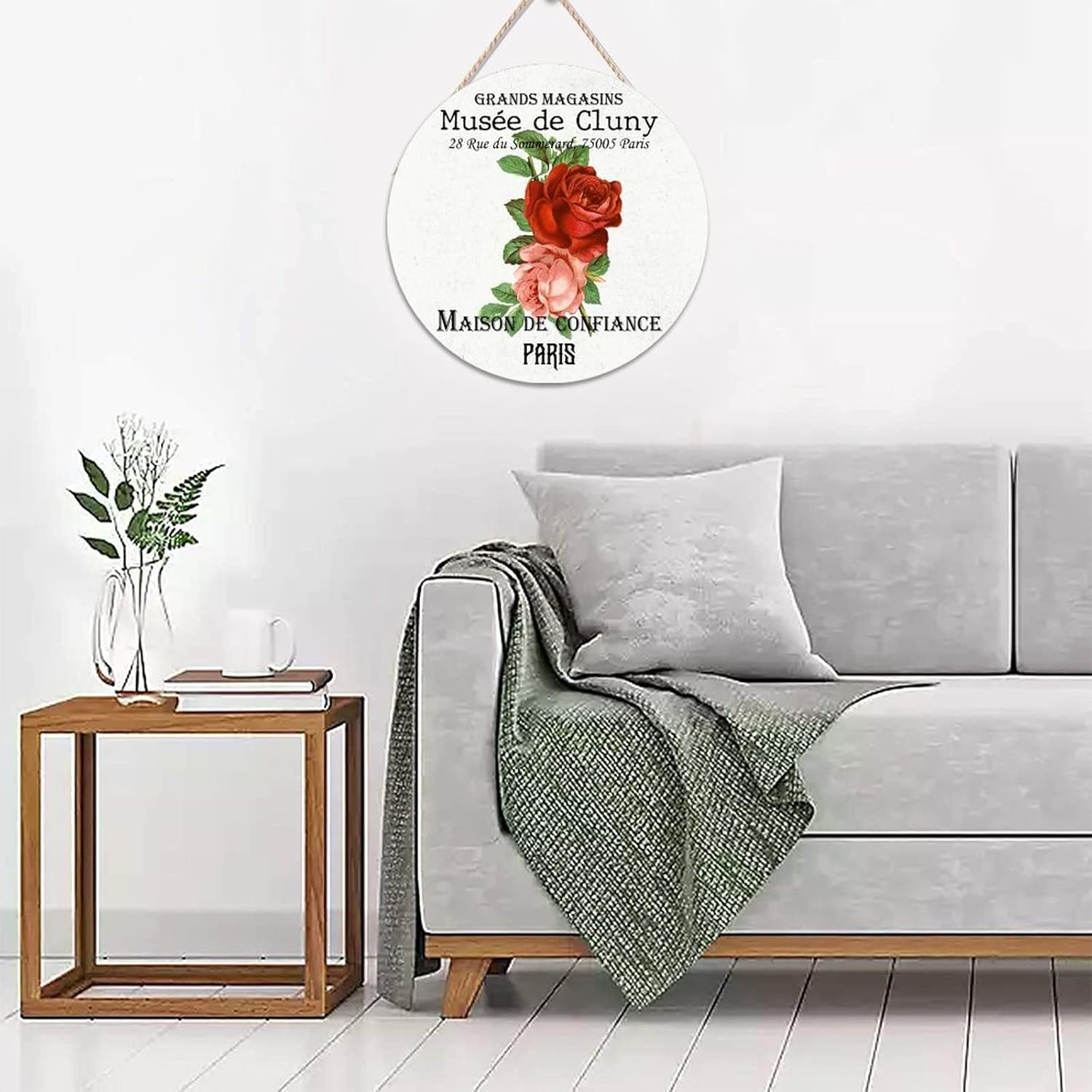 Vintage Flower Front Door Round Wood Sign, Vintage Wood Door Sign, 16x16in Custom Calligraphy Wall Door Hanging Sign for Front Door Entryway Porch Bar Pub Housewarming Gifts