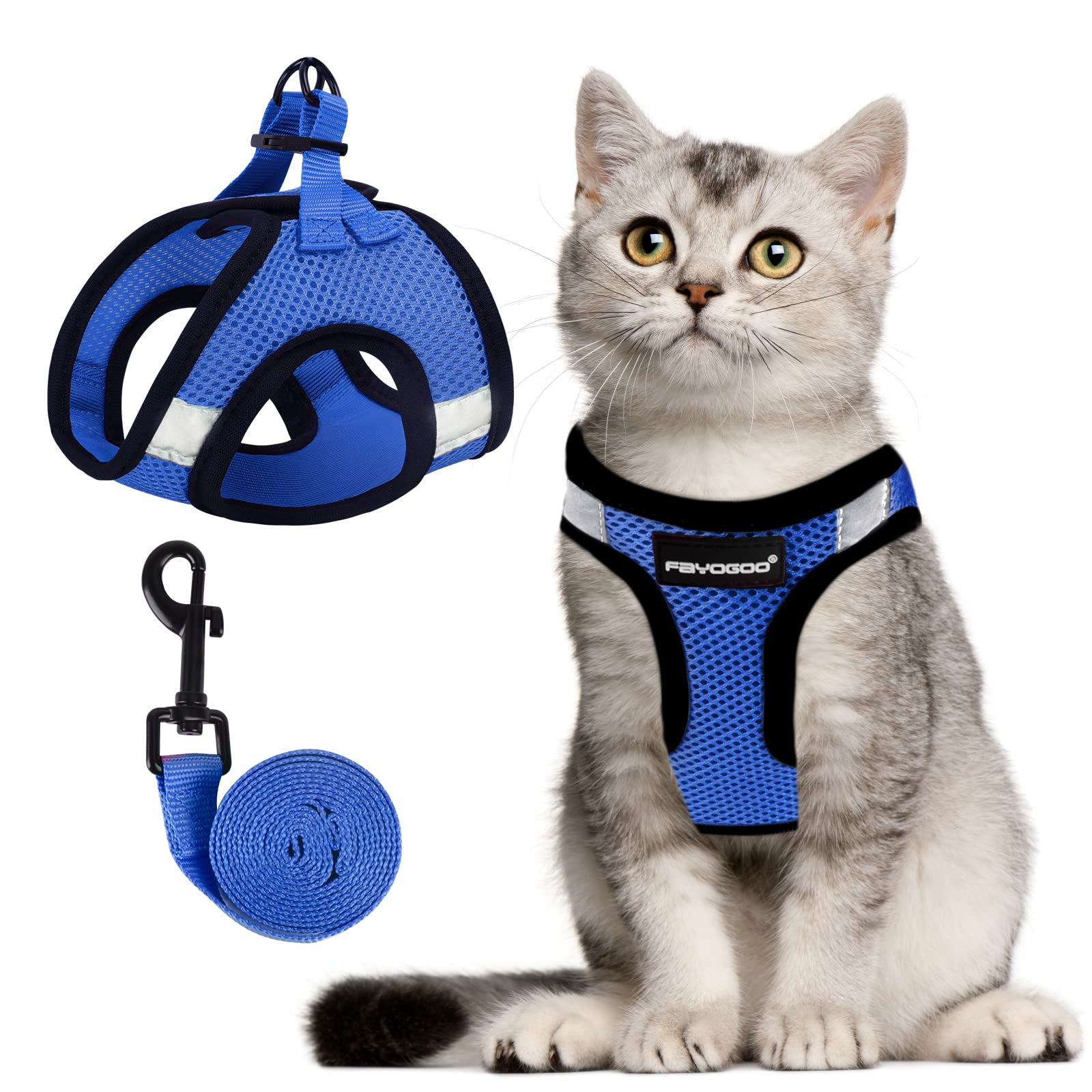FAYOGOO Pettorina Gatto Grande, Guinzaglio per Gatti Pettorina Gatto Antifuga, Pettorina per Gatti Regolabili con Rivestimento Riflettente Guinzaglio per Cuccioli o Gatti Passeggiate all'aperto