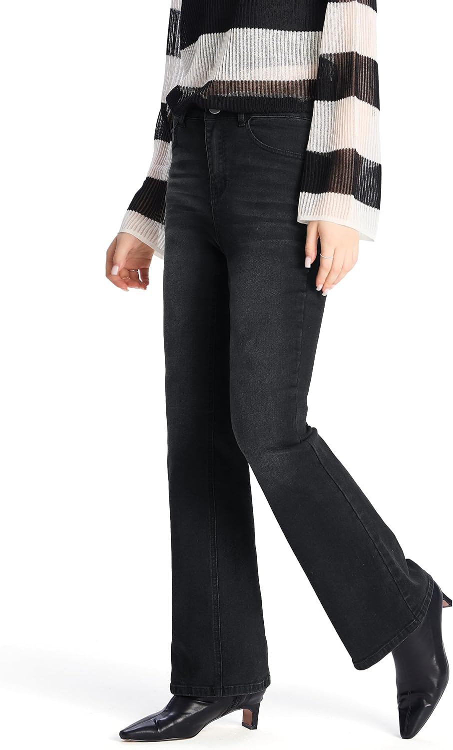 Women's 26" Short Stretch Flare Jeans High Waisted Curvy Bootcut Denim Pants, Black, Small