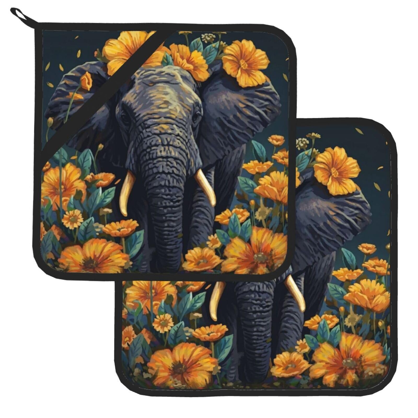 Pot Holder Set of 2 Heat Resistant Potholders Elephant and Sunflower Pot Holders Non Slip Kitchen Trivets Cooking Hot Potholder Washable Oven Mitts Oven Hot Pads for Kitchen Baking BBQ