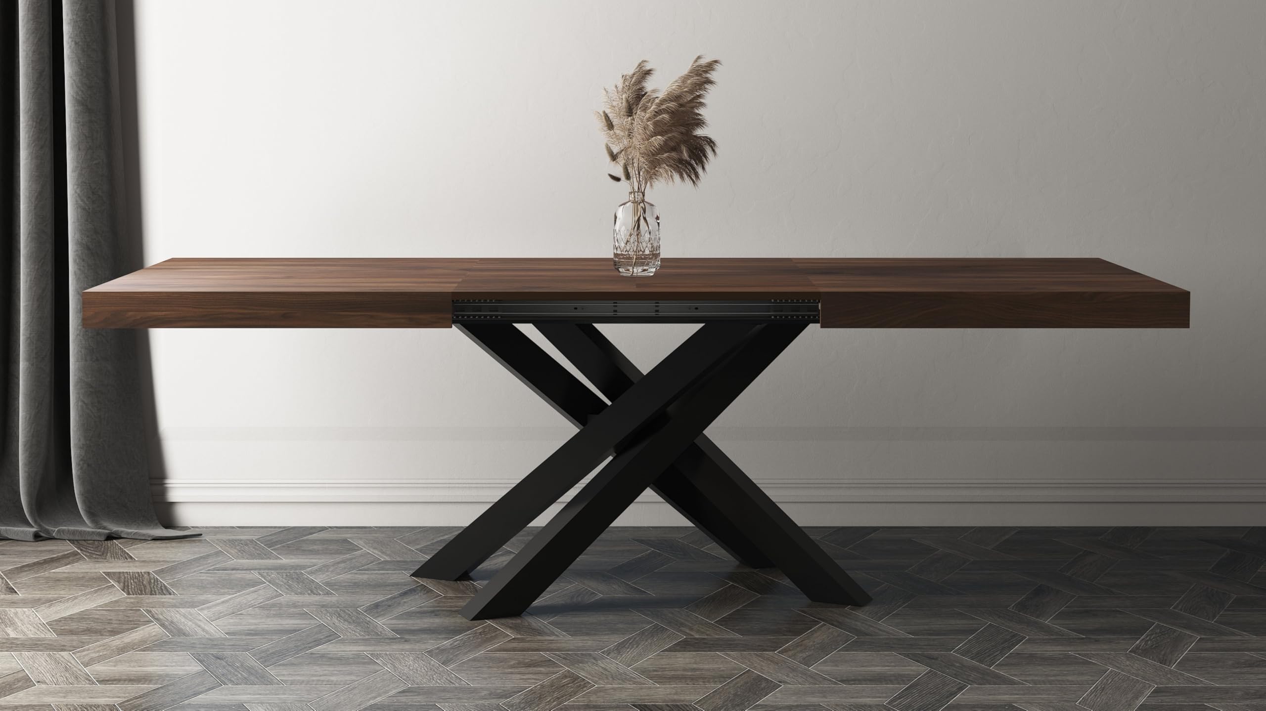Mobili Fiver, Tavolo Allungabile Emma 160(240) x90 cm, Noce Canaletto con Gambe Incrociate Nere, per 6-10 persone, Tavolo Cucina, Soggiorno, Made in Italy