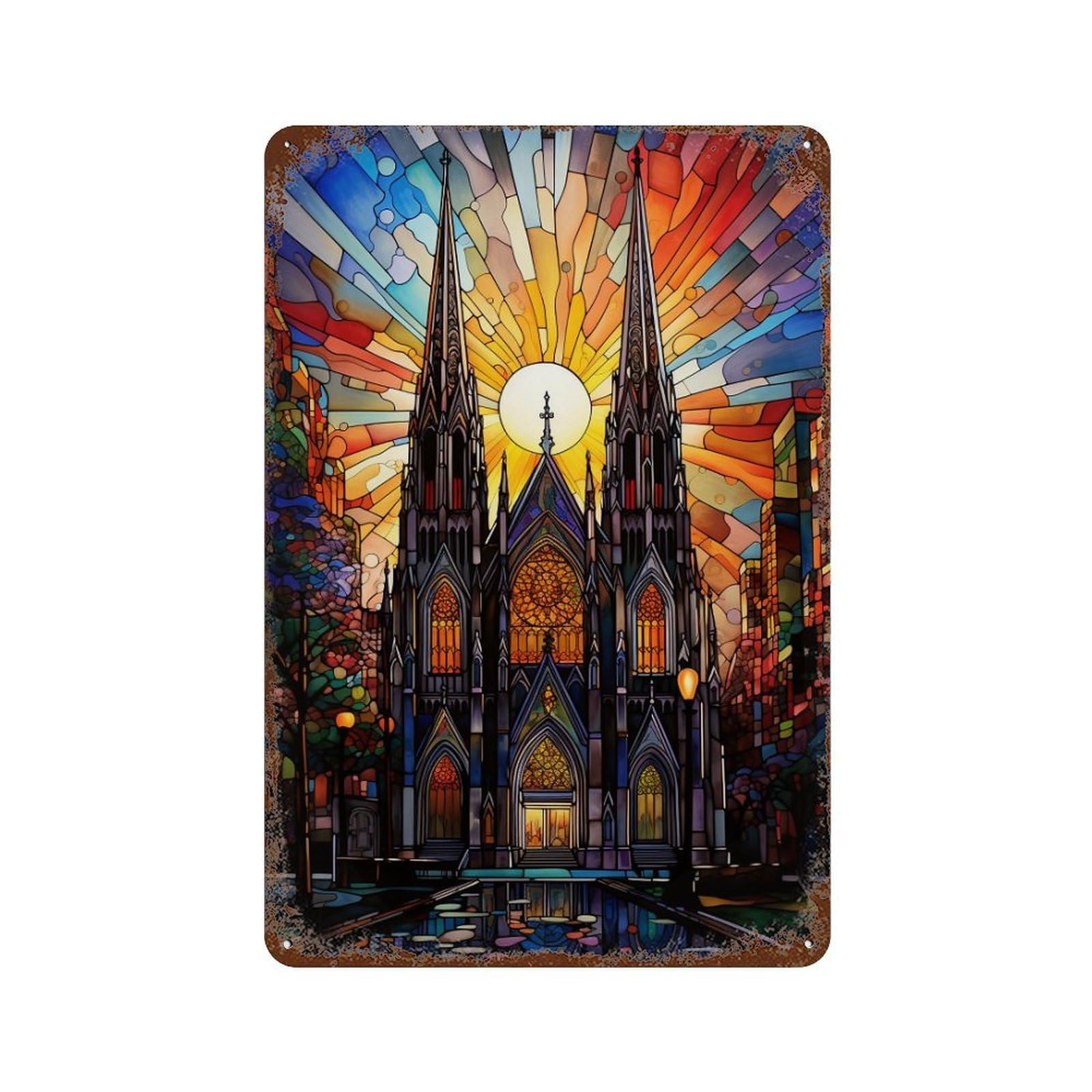 Garage Style Stained Glass Cathedral Scene Rusty Metal Tin Sign 11.8"x7.9", Classic Wall Plaque for Bar And Workshop