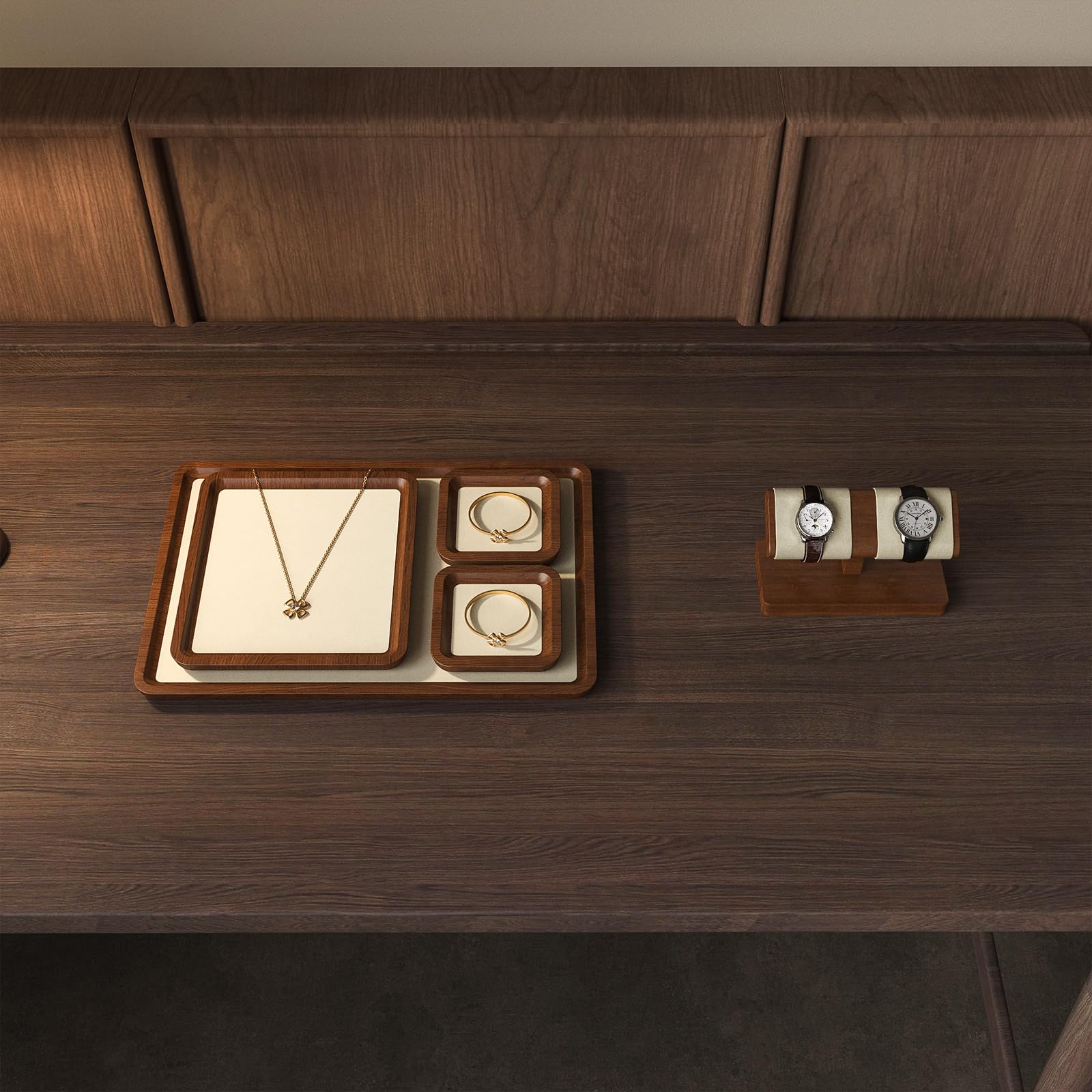 Oirlv Vassoio Per Gioielli In Legno Massiccio,Piccolo Vassoio Per Anelli,Orecchini, Bracciali, Portacollane,Organizer(Medio,Bianco Crema)