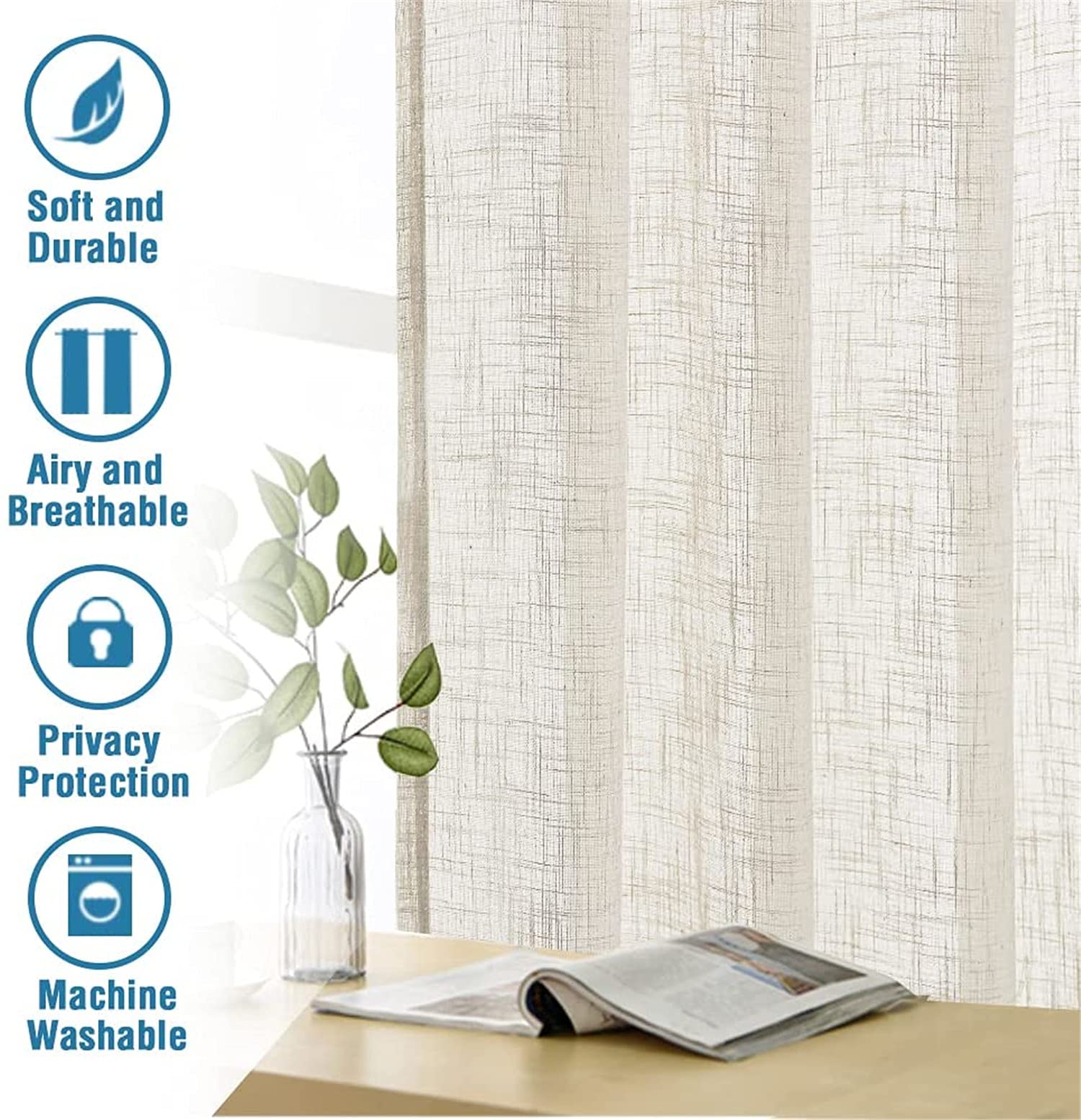 Leinen Vorhang Natürliche Leinenmisch vorhänge für Wohnzimmer Sackleinen Strukturierte Leinenoptik vorhänge Halb transparente Vorhänge mit Kräuselband 2 Paneele (Natürlich,2X 132x240 cm)