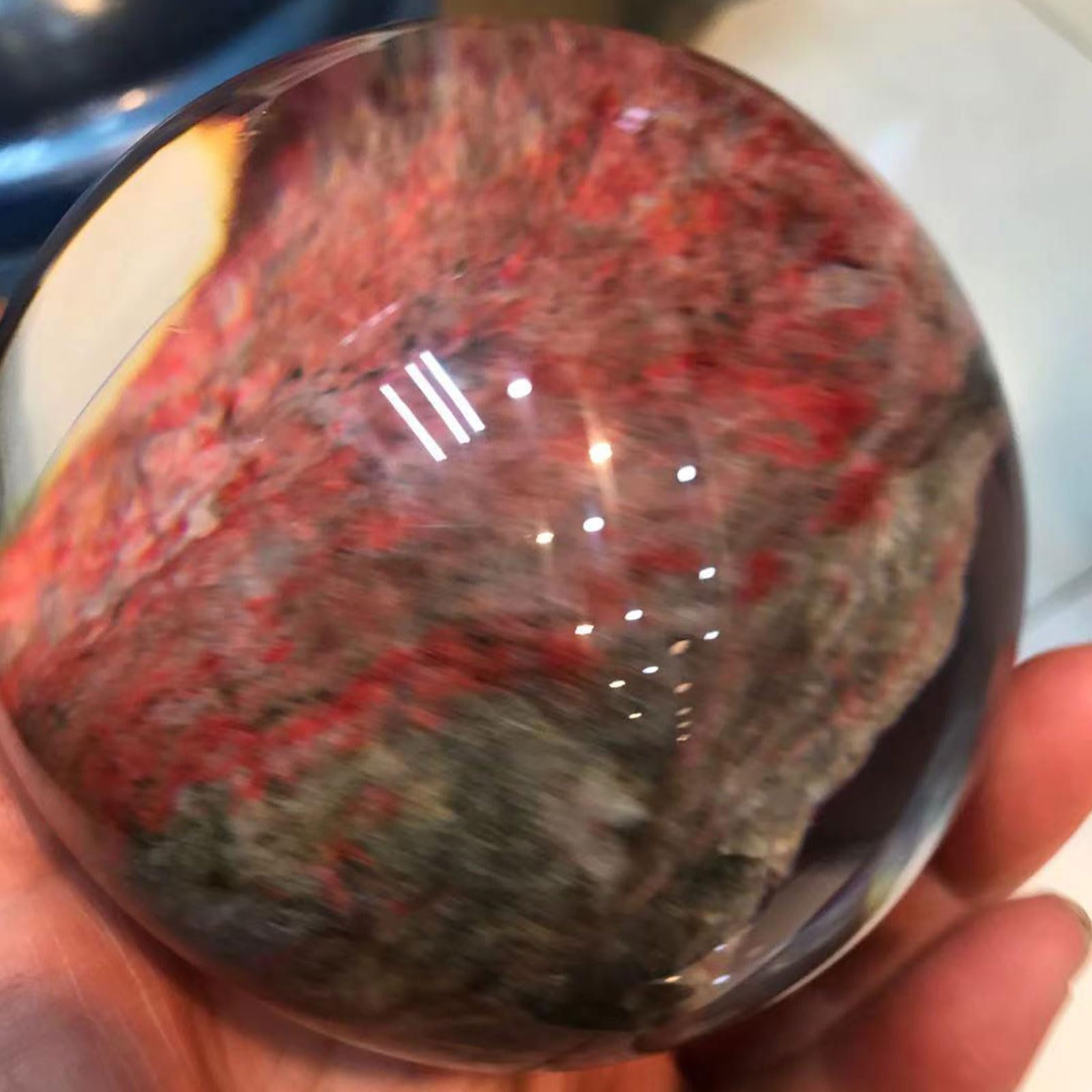 Gran Bola de Cristal de curación - Sphere de ornamería de Cuarzo Natural Cinnabar - Decoración de Piedra Pulida con Soporte de Madera para la adivinación y decoración del hogar,10cm/3.9"